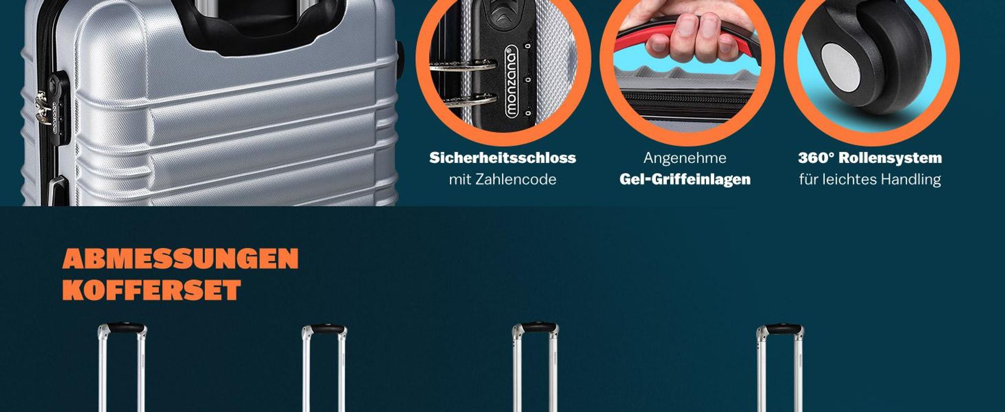 MONZANA® Kofferset 4tlg Hartschalen Koffer S-M-L-XL Gel-Griffe 4 Rollen ABS Hardcase Schloss Füße Trolley Rollkoffer Reisekoffer Set Silber