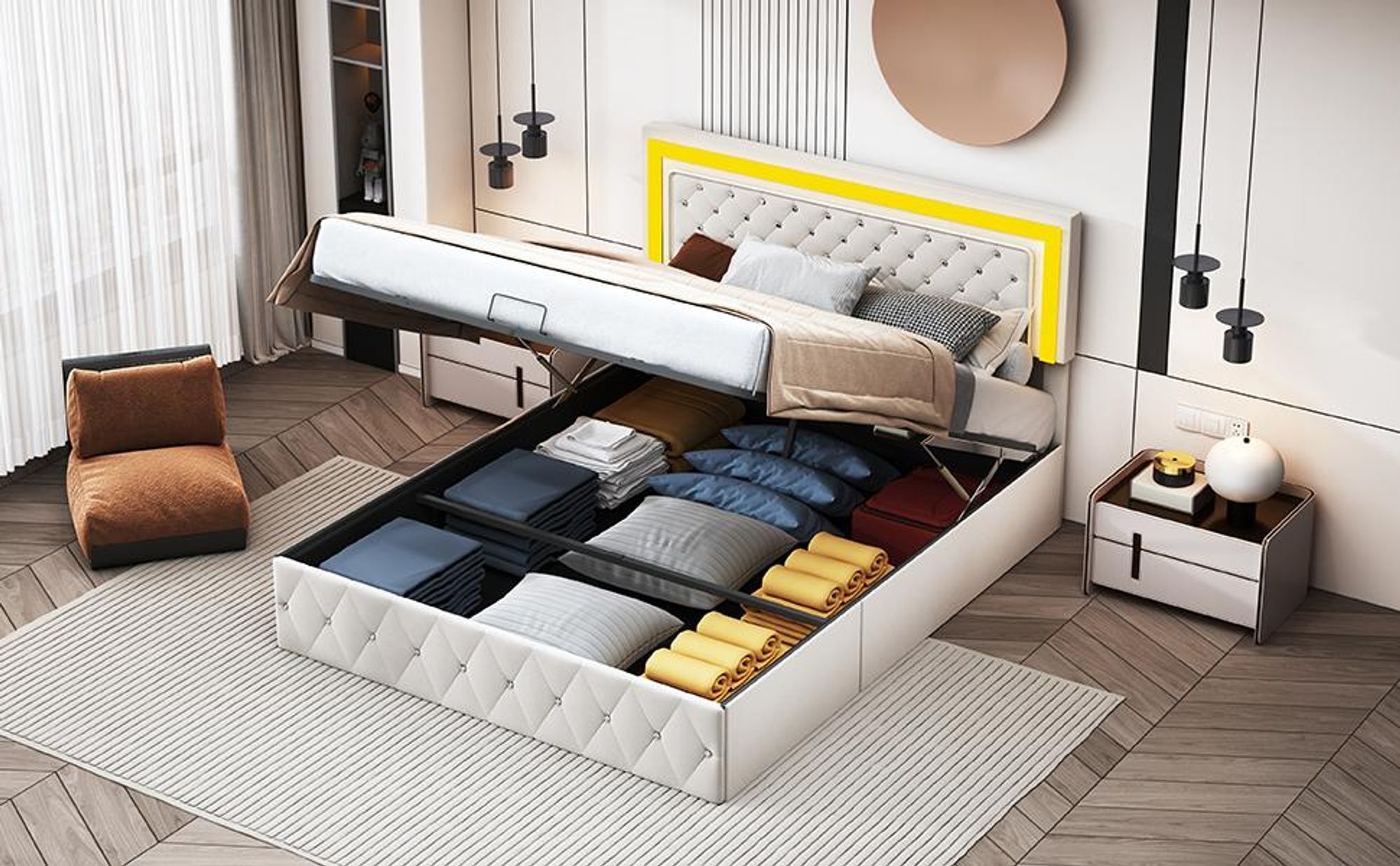 INONEFT Boxspringbett 140×200 mit LED,Polsterbett Jugendbett mit Stauraum,Hydraulisches Doppelbett,Stauraumbett, Samt, Beige.