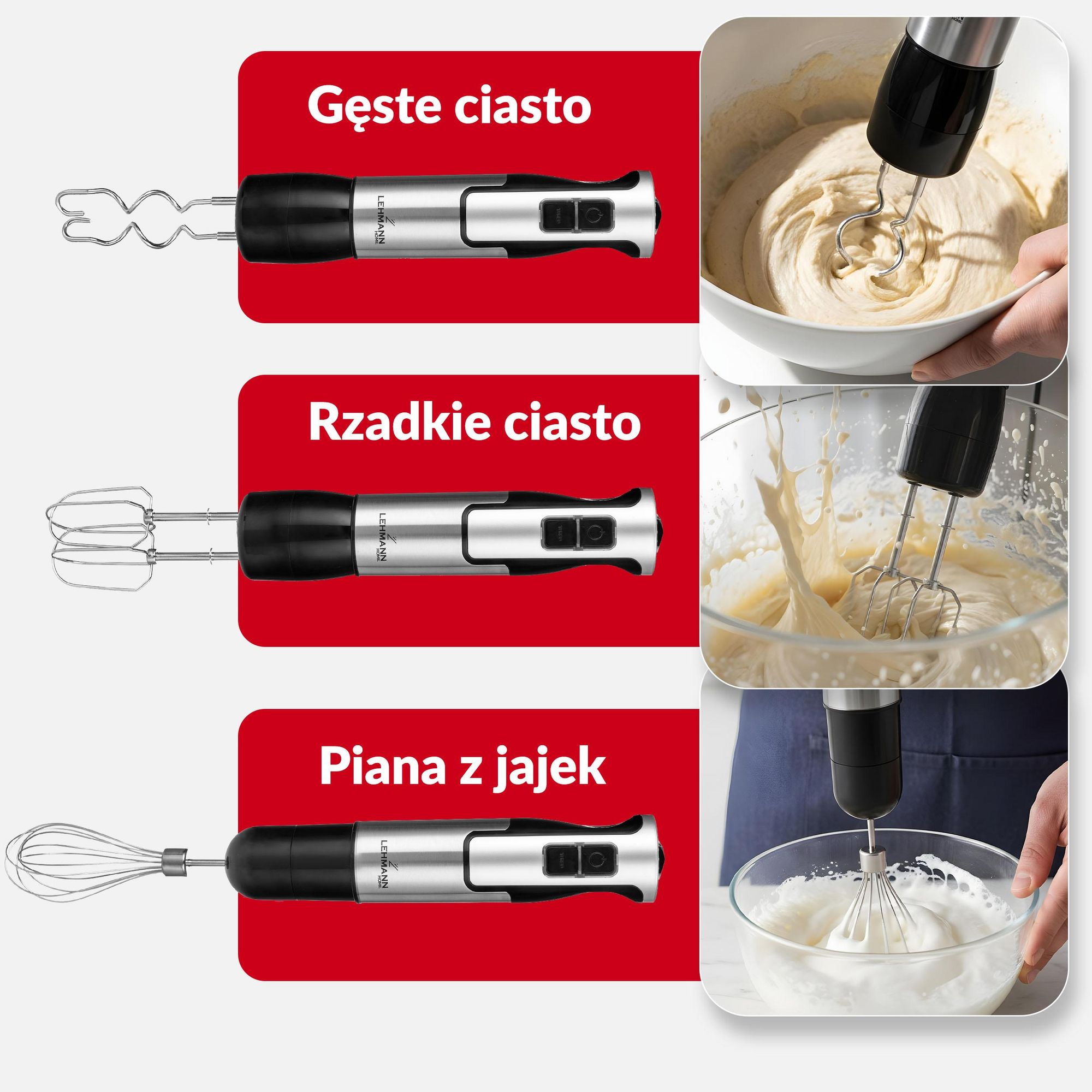 Blender ręczny LEHMANN CHOWMEI Mikser ręczny ze stali nierdzewnej ,Trzepaczka do mieszania, hak do mieszania ZESTAW 6w1 wielofunkcyjny, złote ostrze