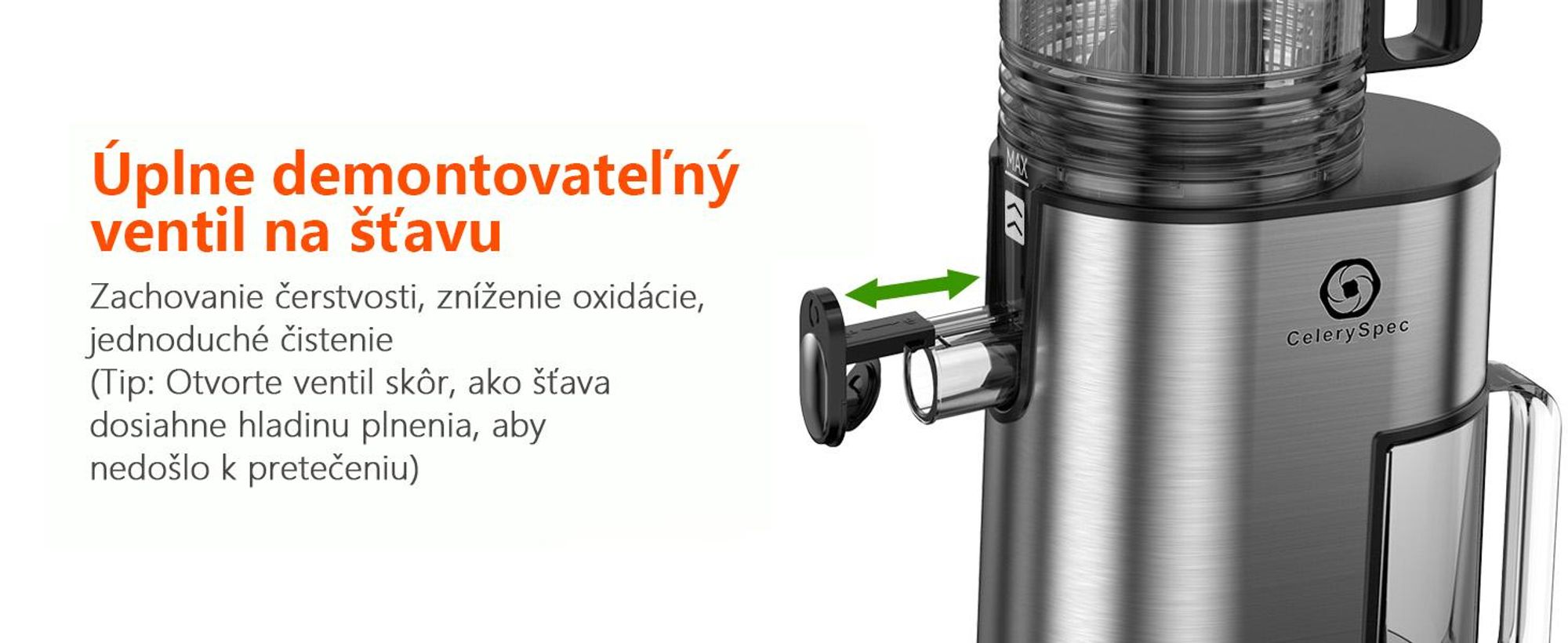 CelerySpec SJ-048-EU-SS Pomalý Odšťavovač - 250W Výkon 1.8L Veľká kapacita Dva podávacie otvory s priemerom 130 mm a 45 mm - strieborná