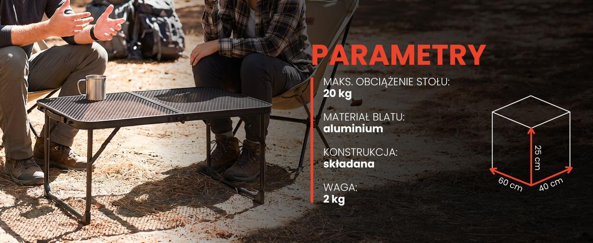 Elegancki aluminiowy stolik turystyczny ogrodowy z walizką w kolorze czarnym
