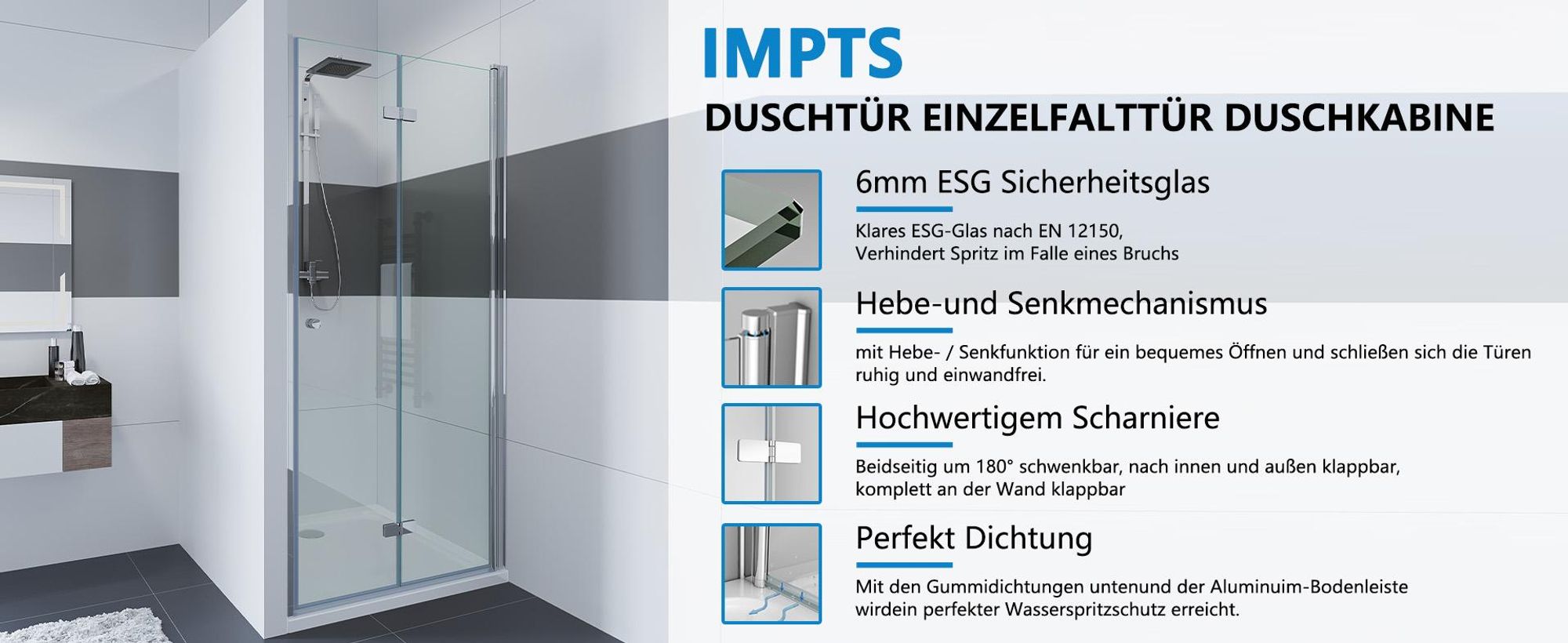 IMPTS Duschtür 70cm Falttür Rahmenlos Duschabtrennung Nische Duschkabine Sicherheitsglas Nischentür Dusche Höhe 185cm