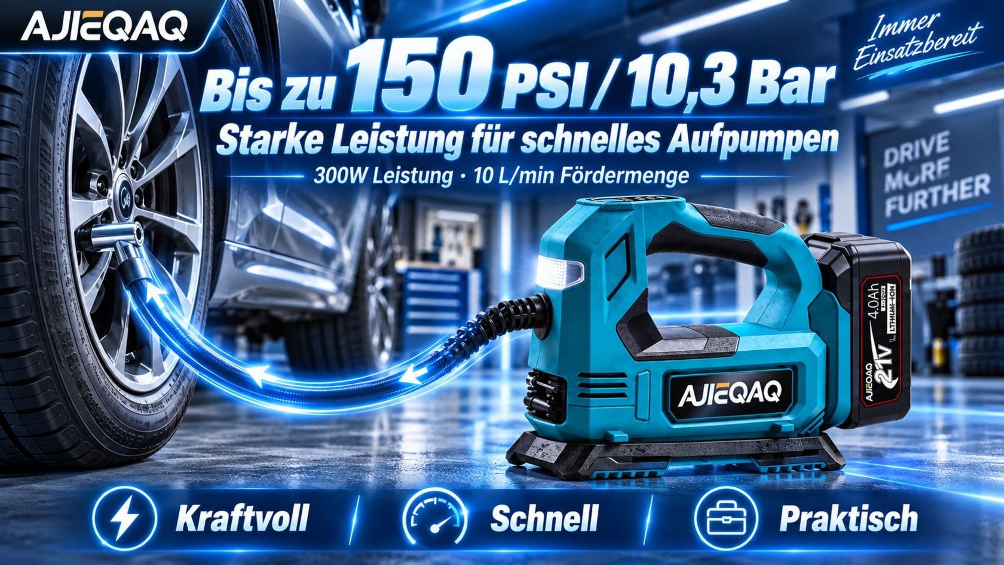 Akku-Luftkompressor 21V 4,0Ah, 150 PSI Reifenfüller mit Auto-Stopp, 12V Kfz-Anschluss, LED, SOS, für Auto, Motorrad & Fahrrad