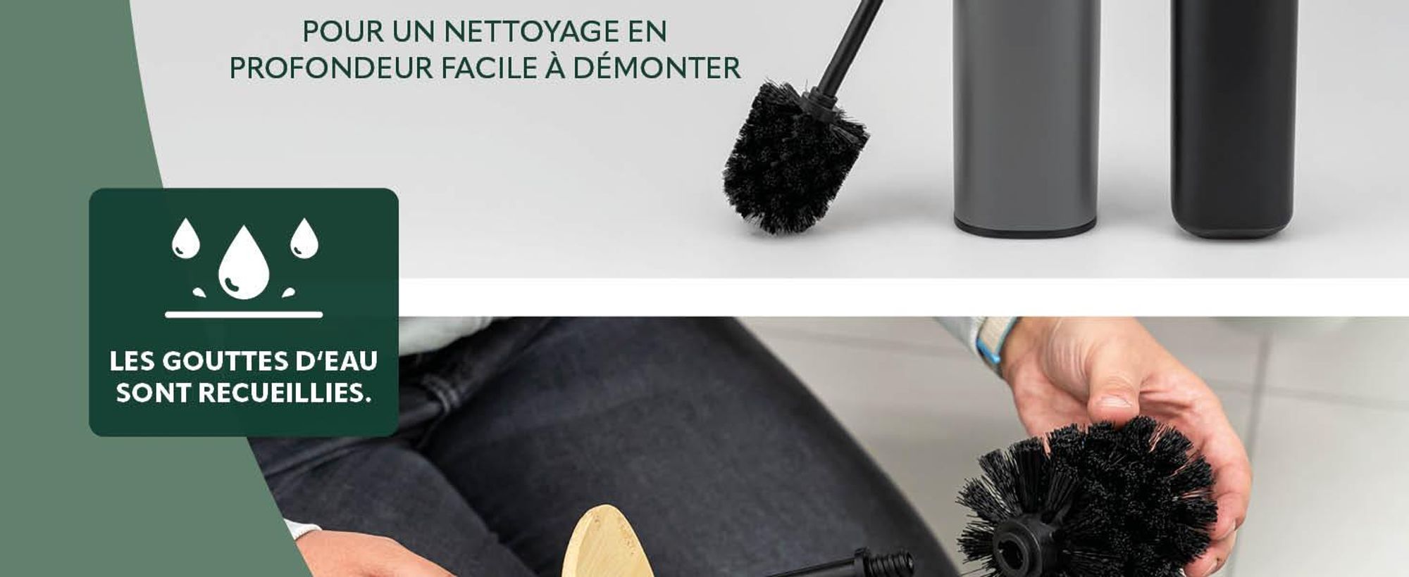 Ensemble WC eluno FRAMURA, comprenant une brosse WC sur pied avec 2 têtes de brosse noires, en métal blanc avec couvercle en bambou