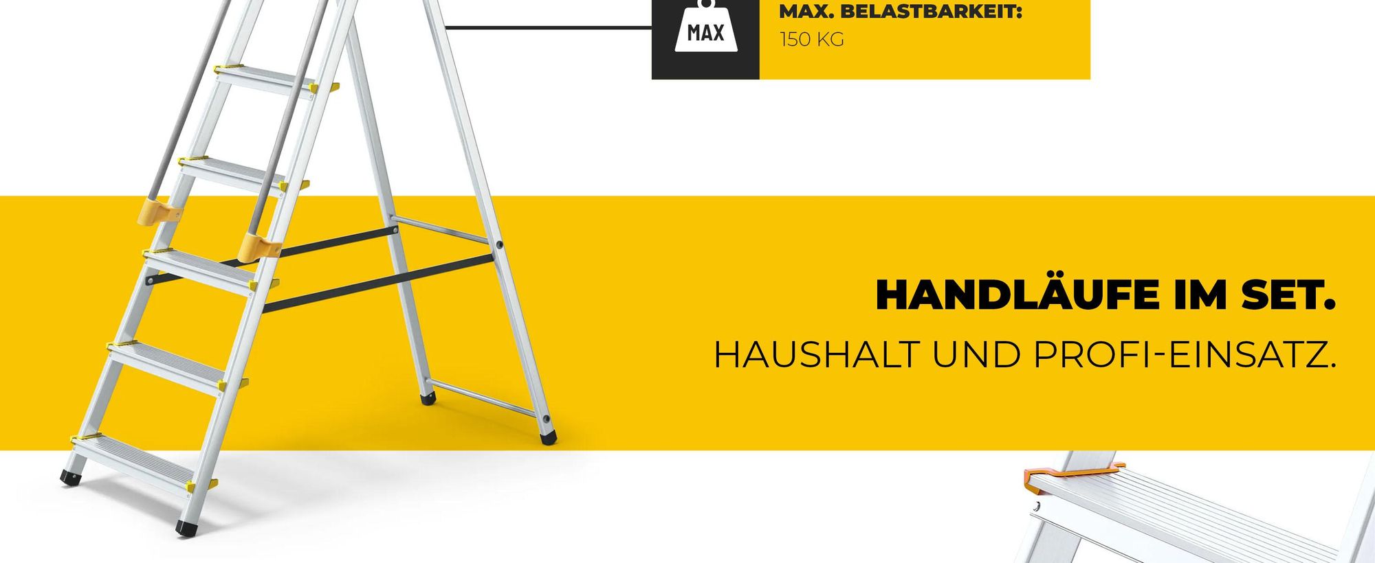Drabest | Leiter - 6 Stufen, Tragfähigkeit 150kg - Leiter mit Handläufen, Alu Leiter, Anti-Rutsch-Füße, Trittleiter, Klappleiter