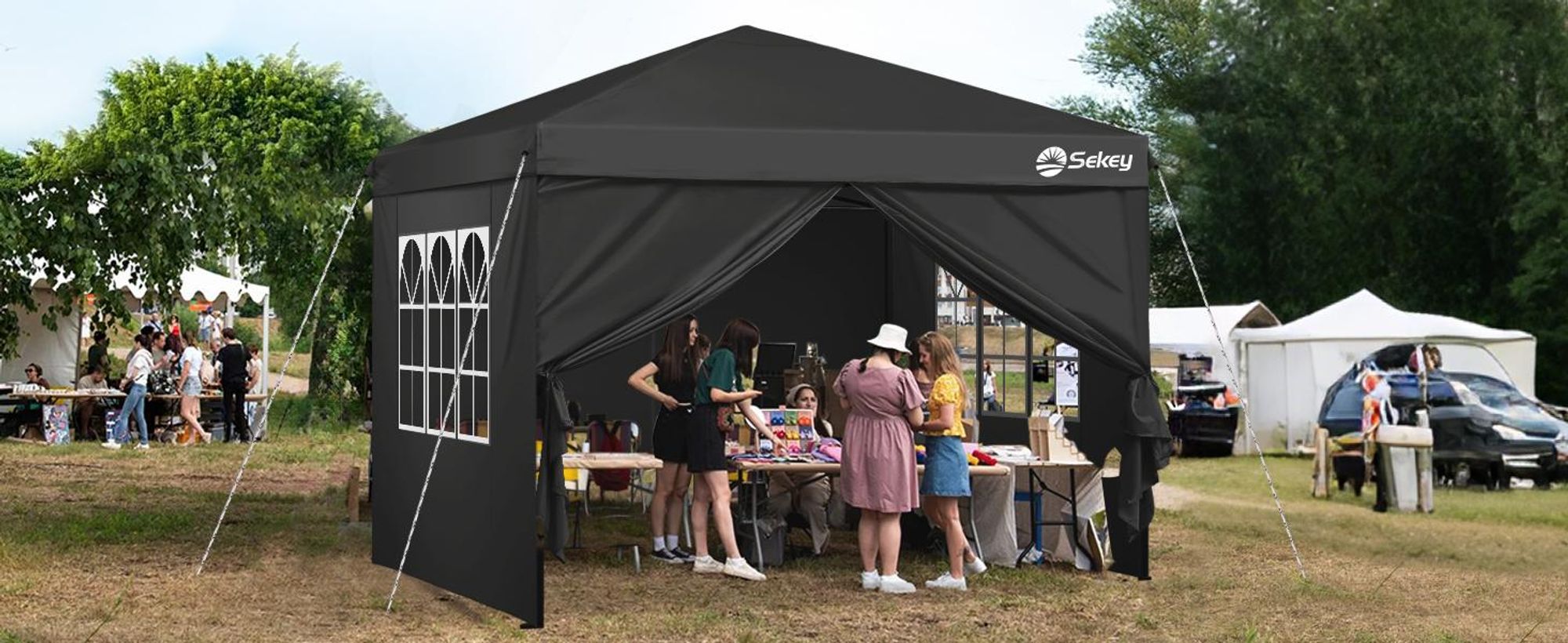 Sekey Faltpavillon 3x3 mit 4 Seitenwänden und mit 4 Sandsäcke, Wasserdicht Pop Up Pavillon für Camping, Festival, Events, Picknicks, Schwarz
