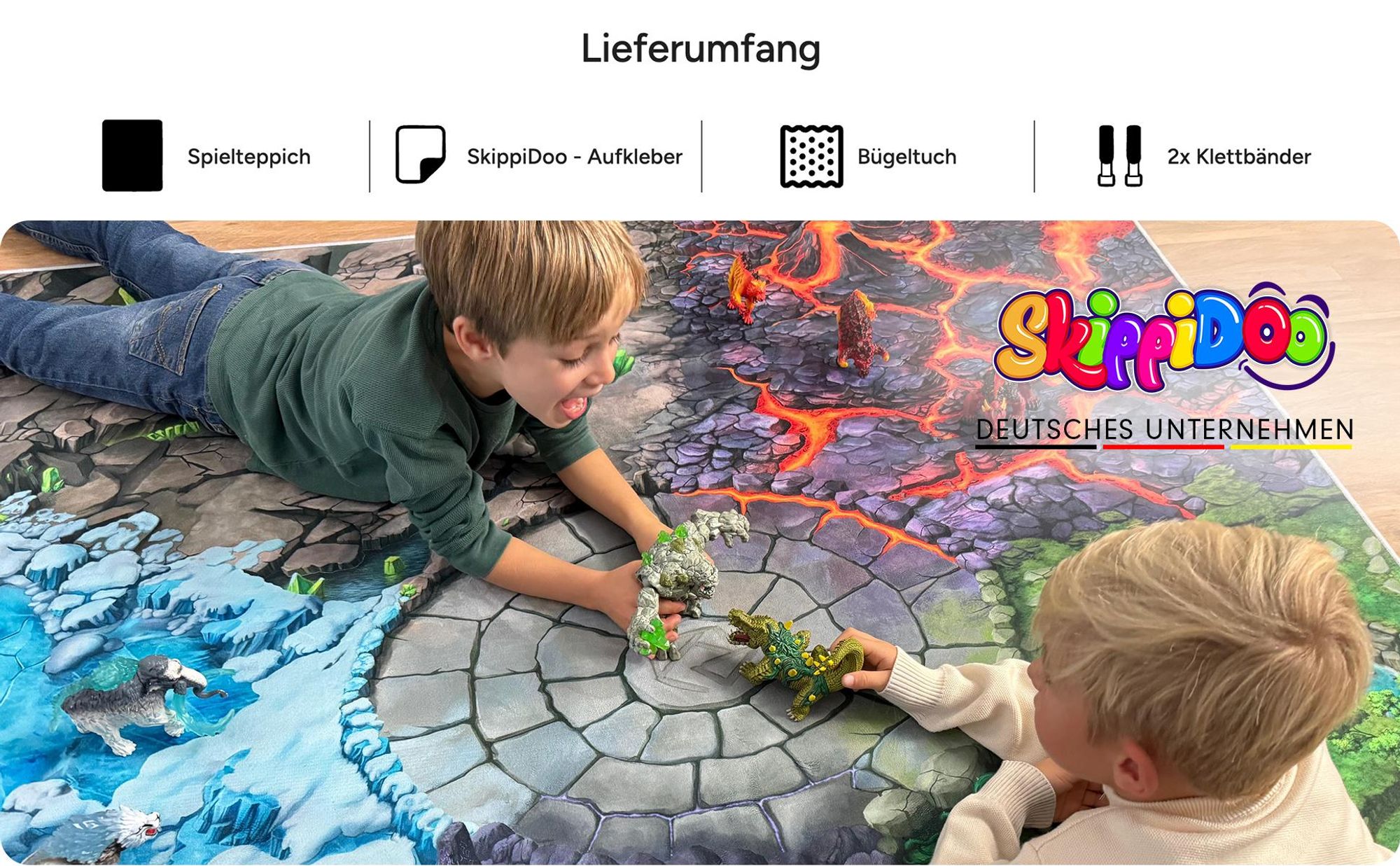 SkippiDoo Spielteppich Fantasy 160x160cm – 5 Welten mit Battle Arena – Lava, Eis, Dschungel, Stein und Schatte – rutschfest für z.B. Eldrador® passend