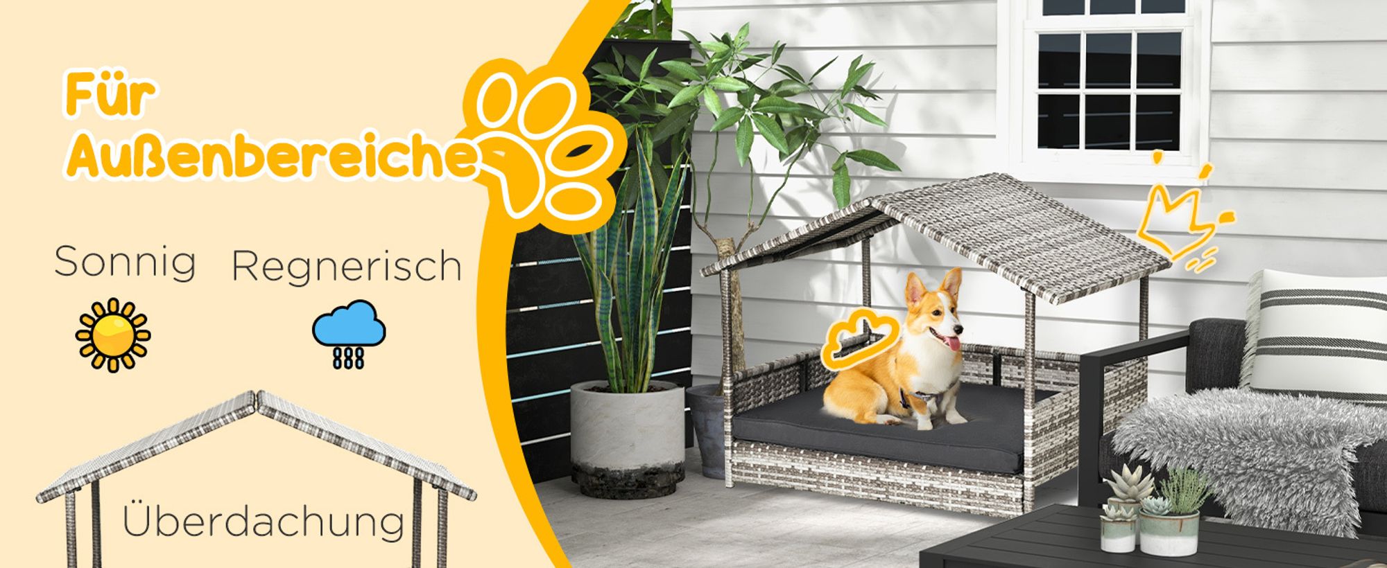 PawHut Rattan Hundehaus Hundebett mit Kissen Hausform Outdoor Hundehütte Grau