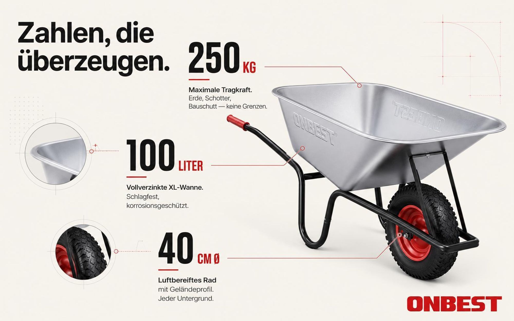 ONBEST Schubkarre WB250 | inklusive Gartenabfallsack | 100 L | 250 kg Tragkraft | Verzinkt | Luftreifen