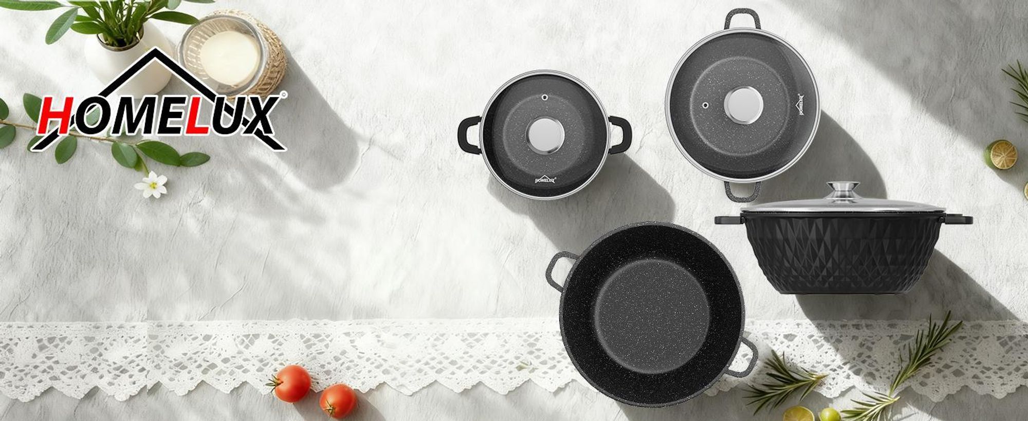HOMELUX Topfset Induktion 8-teilig, 20/24/28/32cm Kochtopf Set mit Antihaftbeschichtet, Kochtöpfe Induktions für Alle Herdarten, Diamantform & Schwarz