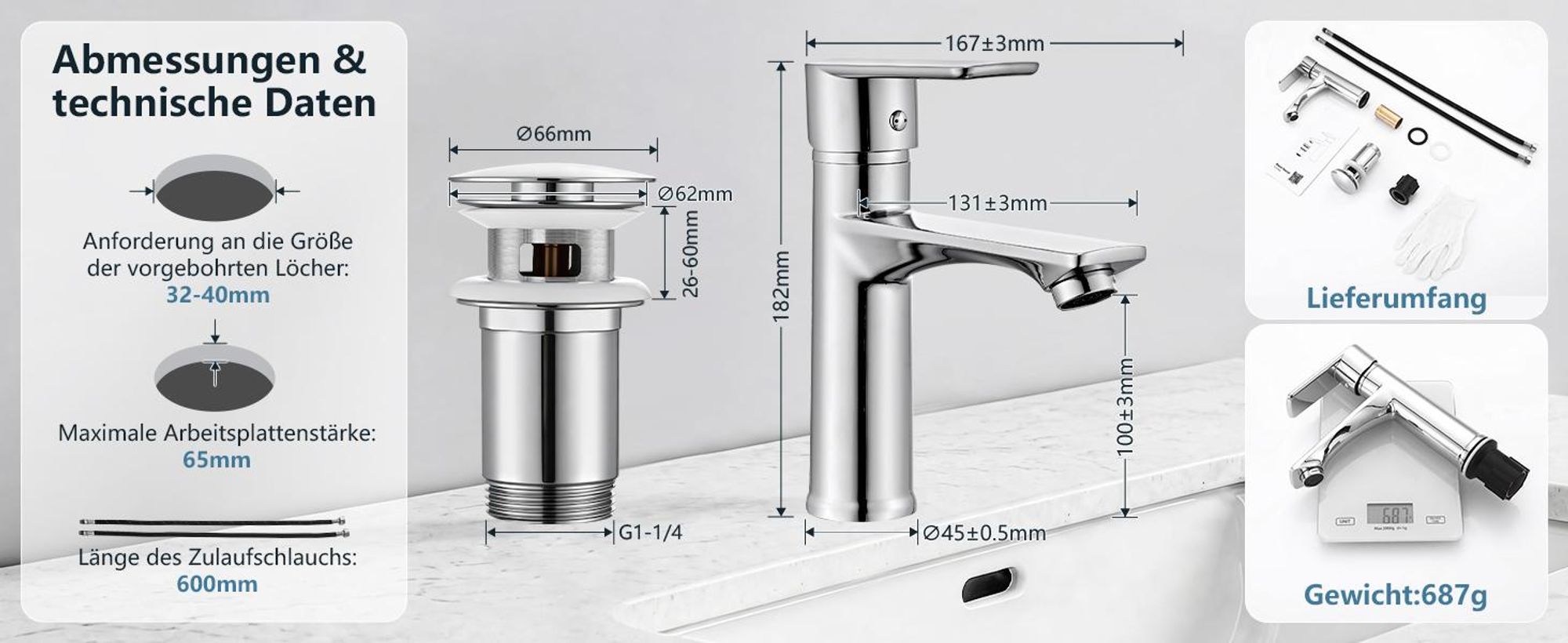 Homelody Wasserhahn Bad Chrom+Universal Ablaufgarnitur Chrom, Armatur Mischbatterie Waschbeckenarmatur mit Pop-Up Ventil Edelstahl Messing