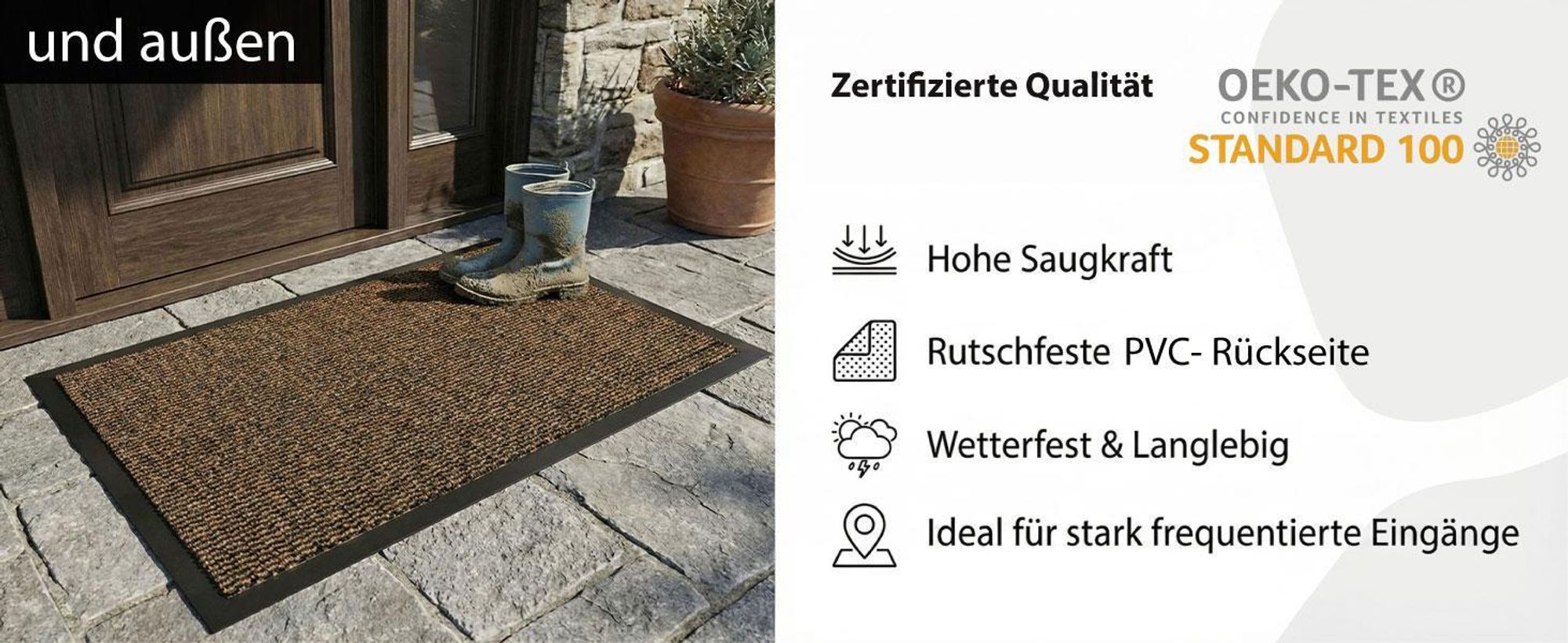 HELLSER Fußmatte – Schmutzfangmatte für außen & innen, rutschfest & flach (90 x 120 cm) Schwarz-Braun