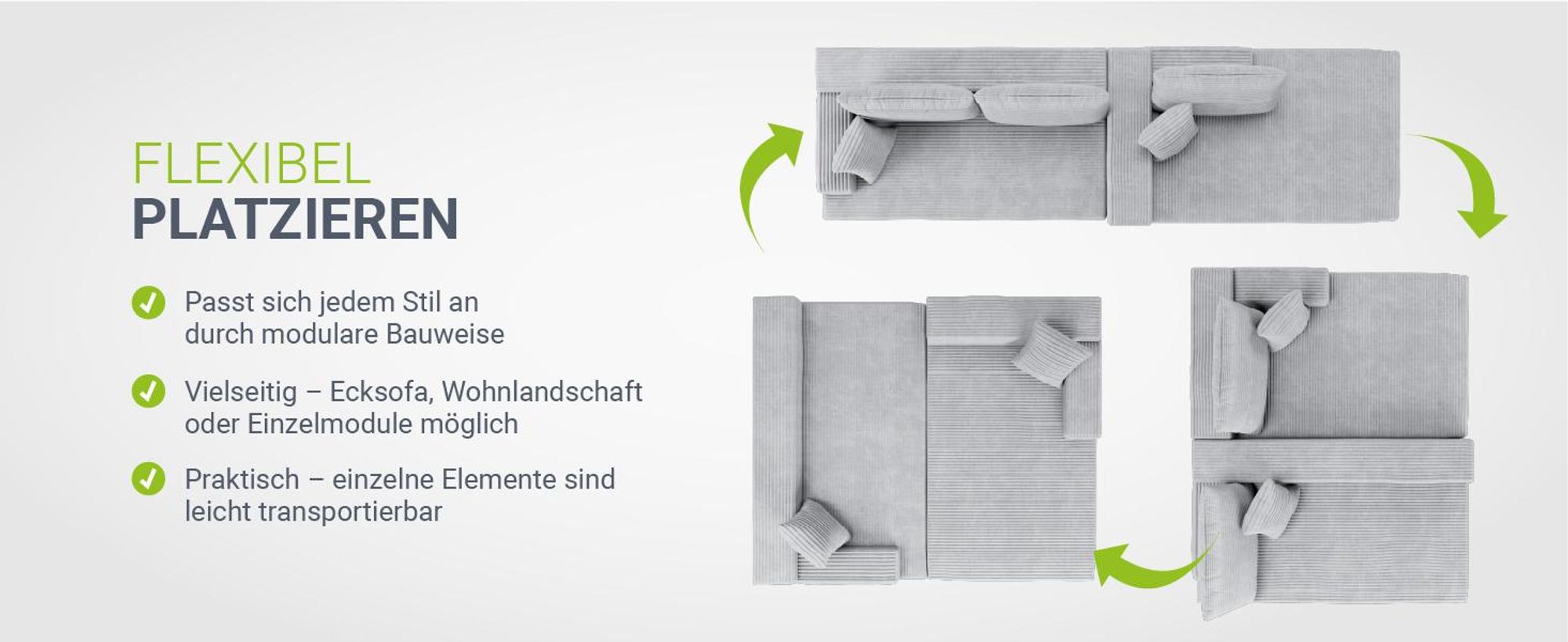 Juskys Sofa Coredo - Hellgrau, moderne Couch aus Cord mit Kissen, Ottomane rechts