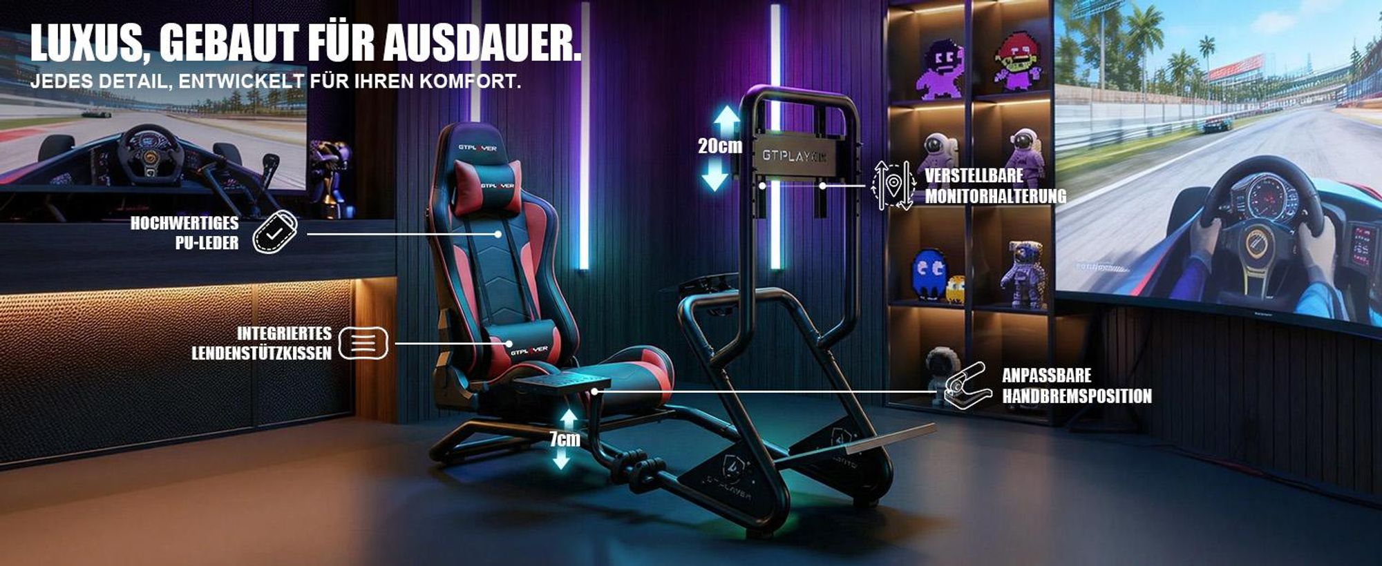 GTPLAYER Simulator Cockpit,Rennsimulator lenkradständer mit 3D-Stereo-Lautsprechern, Monitorhalterung, verstellbarer Lenkradhalterung, Schalthebelhalt
