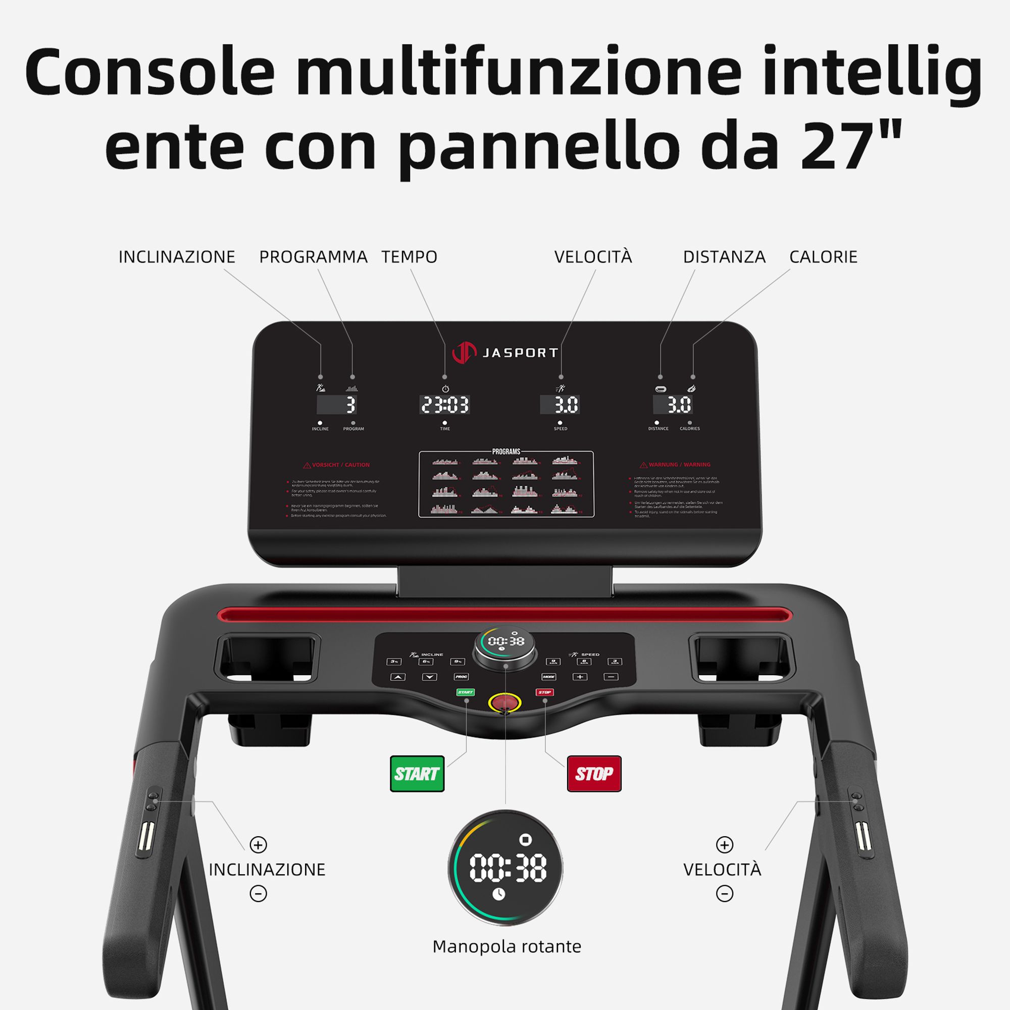 JASPORT L3 tapis de course: pliable, silencieux, Bluetooth, 4CV, jusqu’à 20km/h, inclinaison 18%, surface 1340x480mm, 120kg