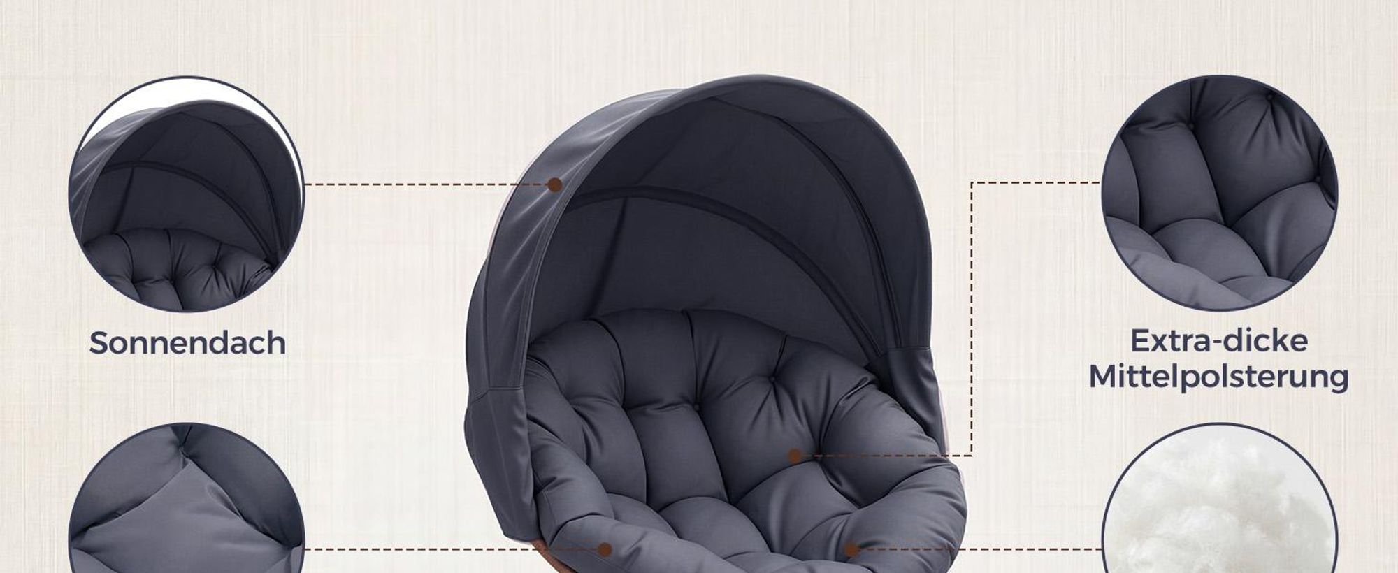 COMHOMA Papasansessel, gemütlicher Drehsessel mit Kissen rund, bequemer Rattansessel, Loungesessel drehbar, runder Relax Korbsessel Rattan, GRAU