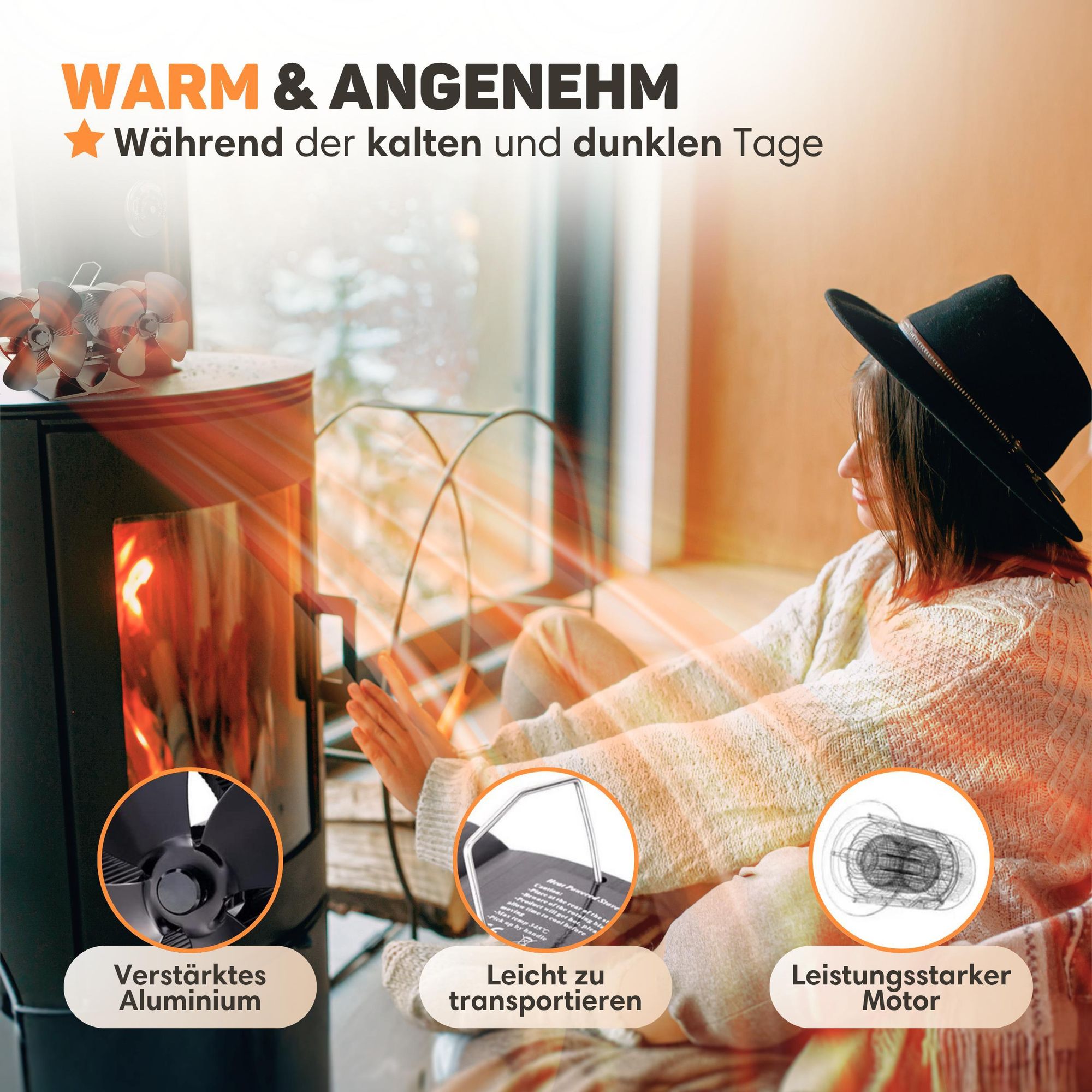 Vulpes Goods Heizungsventilator | Ventilator für Holzofen In freistehendem Design | Kaminventilator - schnelleres Aufheizen des Raumes / Blätter