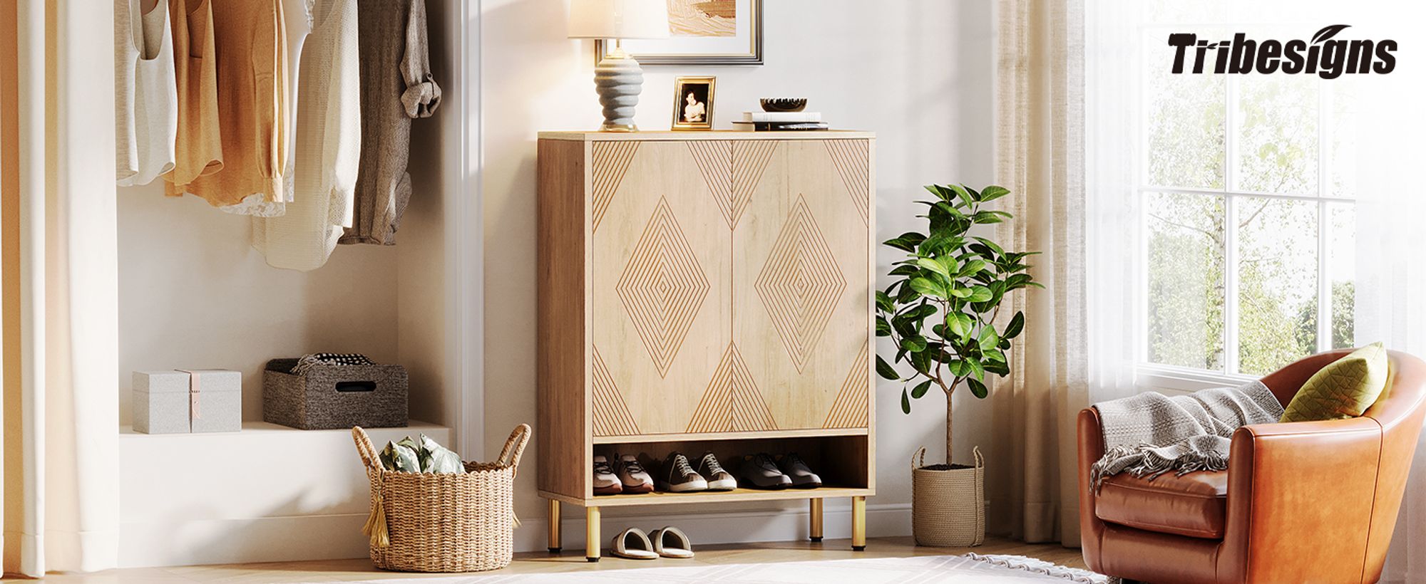 Tribesigns Schuhschrank mit 2 Türen, 73x 35x115cm, Schuhschrank mit goldenem Metallrahmen, Schuhkipper schmal, 6-stöckig Schuhregal für 25 Paar Schuhe