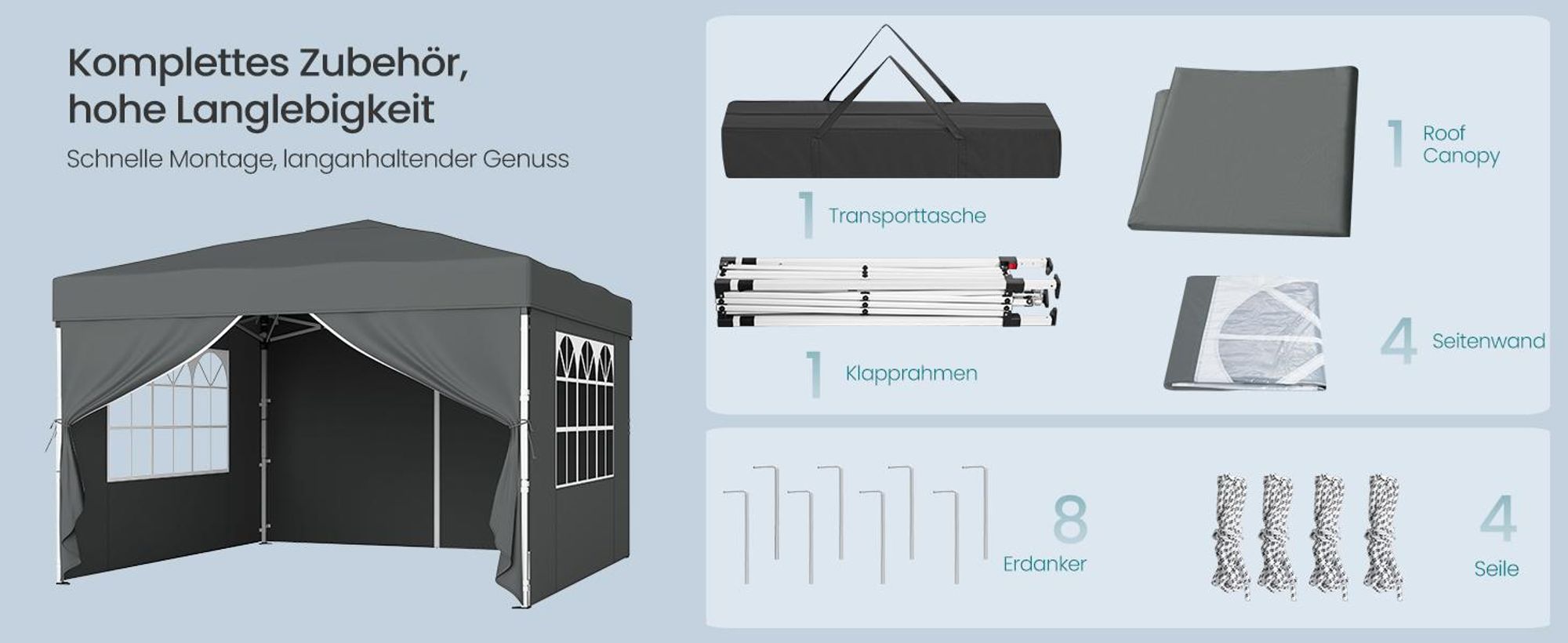 SONGMICS Faltzelt 3 x 3 m, mit Seitenwänden, stabil, tragbar, Pavillon für Garten, Hof, Markt, Sonnenschutz, grau