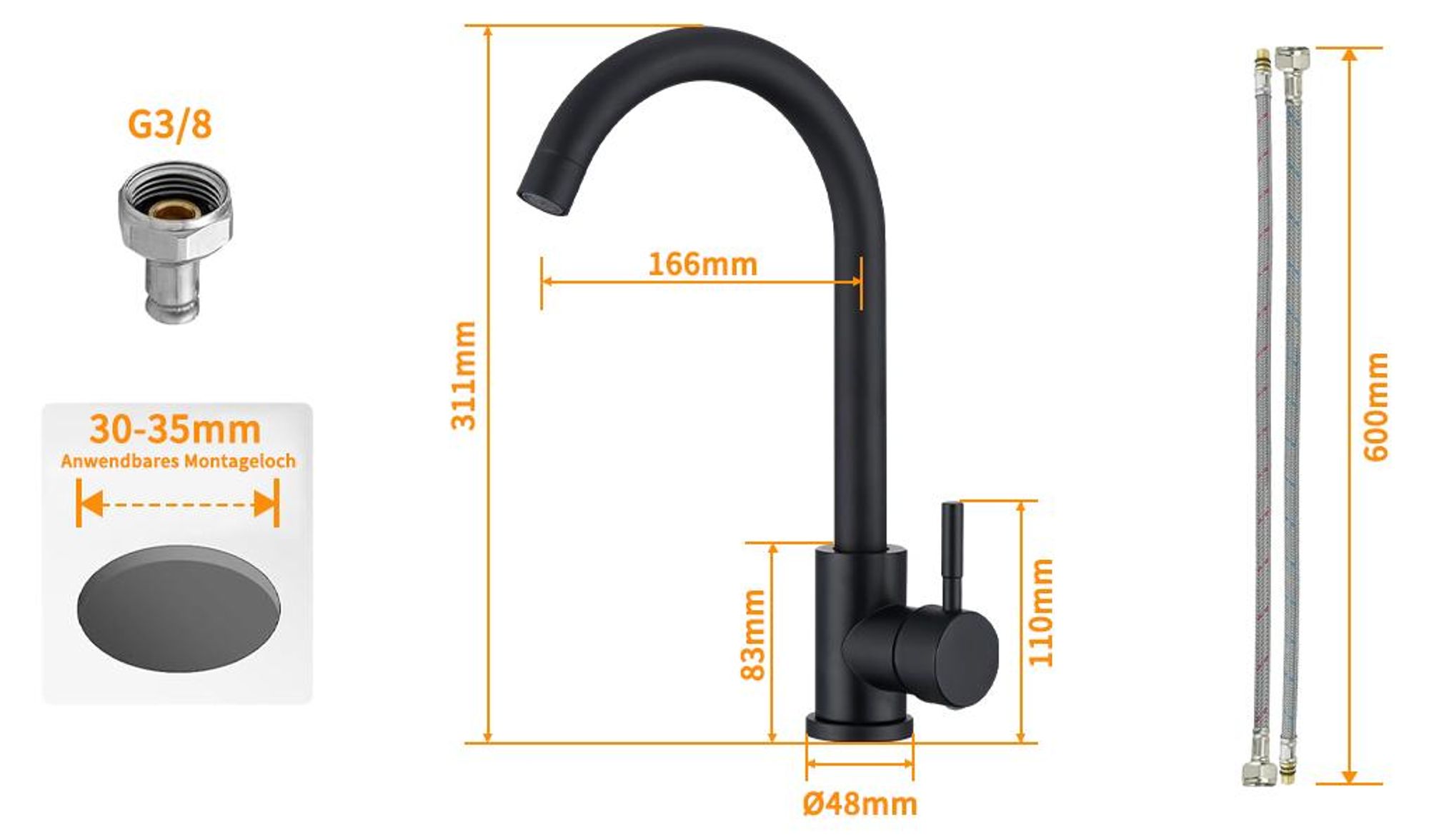 Homelody Küchenarmaturen Schwarz Wasserhahn Küche 360° Drehbar Hochdruck Wasserhahn Spültischarmatur Mischbatterie Küche mit 2 Schlauch, Schwarz