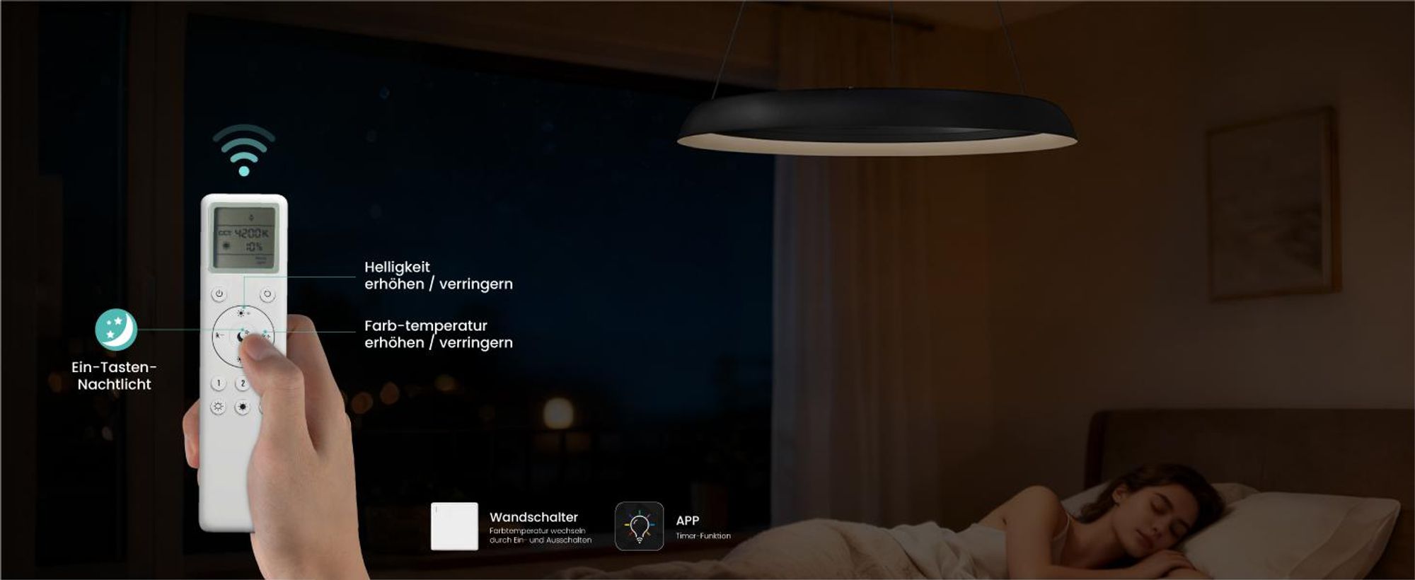 Mai & Mai Pendelleuchte Esstisch, 40cm LED Hängelampe, stufenlos dimmbar höhenverstellbare 20W Esstischlampe mit Fernbedienung Sandschwarz Luvina04
