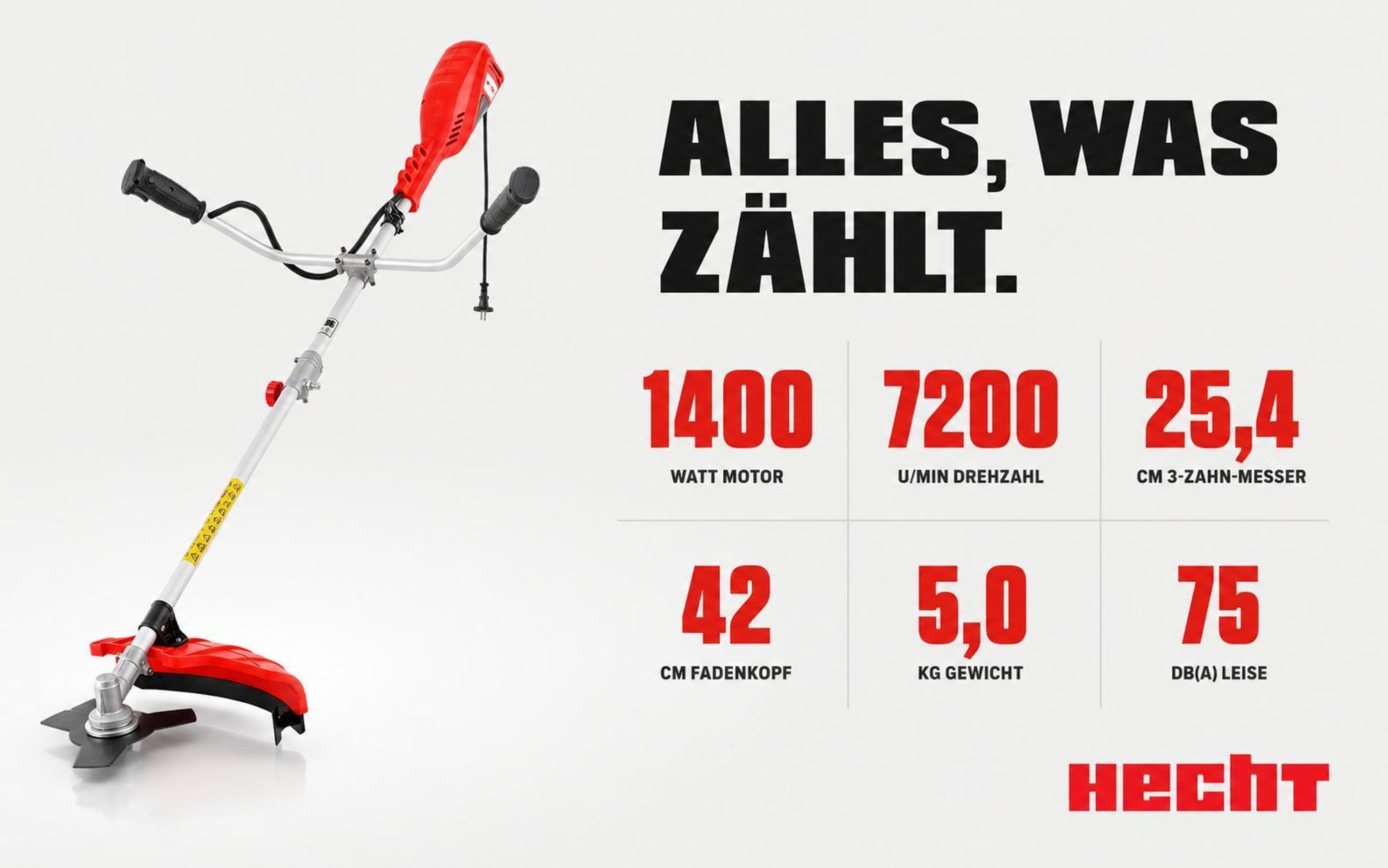 HECHT 1445 Freischneider Elektro | mit Tragegurt | 25,5 und 42 cm Schnittkreis | 1400W | 230V | Elektrosense