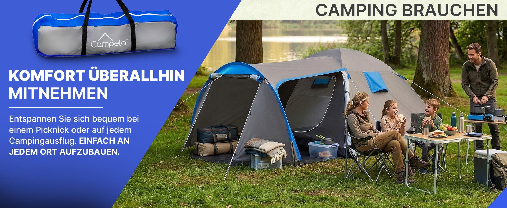 Campela Tropical 4 Familienzelt – 4-Personen-Touristenzelt mit Vorraum, wasserdicht 3000 mm, graues Polyester