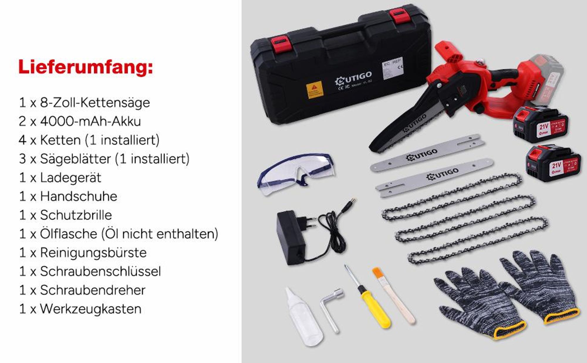 8 Zoll Akku Kettensäge, OUTIGO 1000 W Akku-Kettensäge, 21 V Akkus 2*4000mAh , leistungsstarkes Gartengerät zum Schneiden von Ästen