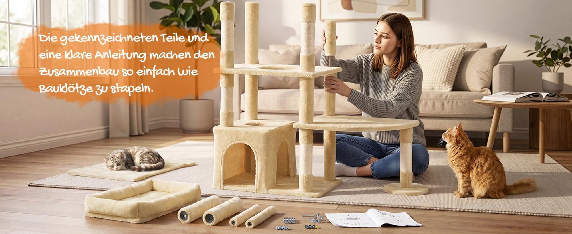 FEANDREA Kratzbaum für Große Katzen, Stabil mit 6 Ruhebereichen und Sisalstämmen, 105 x 45 x 188 cm, Beige