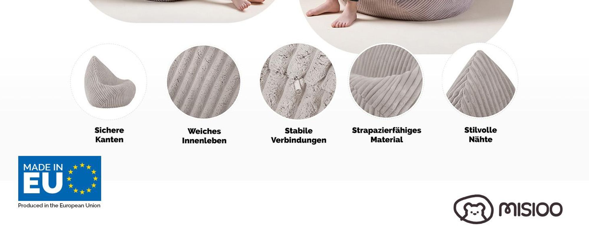 MISIOO Kinder Sitzsack Premium - Ergonomischer - Ab 12 Monaten - Bequeme Sitzsäcke fürs Kinderzimmer - Sitzsack mit Leichter Styroporfüllung