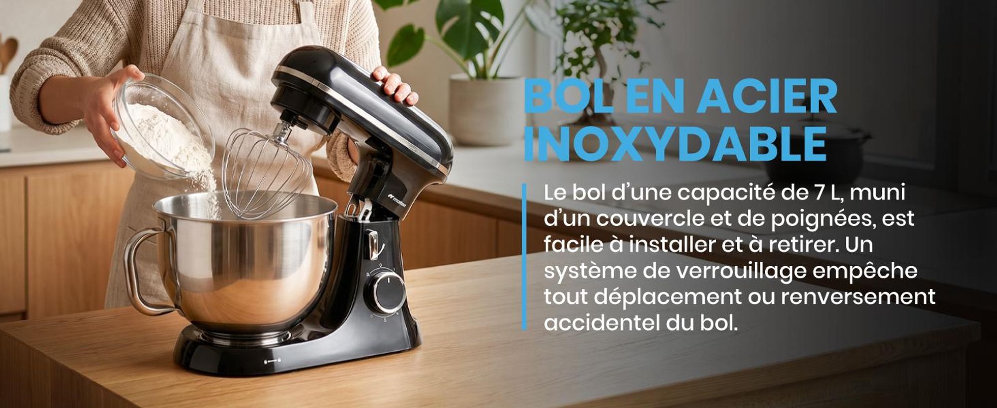 Robot de cuisine, pétrin, mixeur, bol de 7 litres, 3 vitesses, crochets et fouets, acier inoxydable noir, MaltecChef4000W-BL