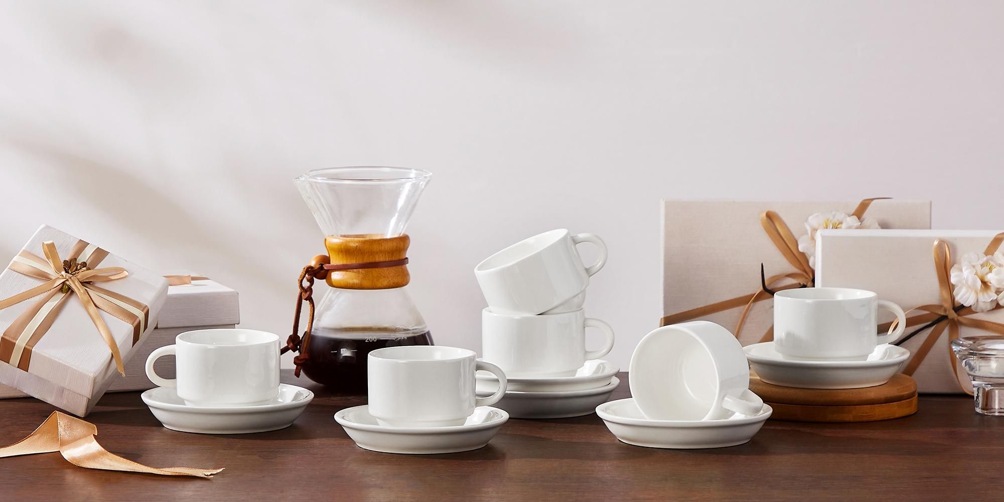 MALACASA 6-tlg Tassen Set, Porzellan Set, Kaffeetasse mit Unterteller, Metallständer, 150ml, Weiß