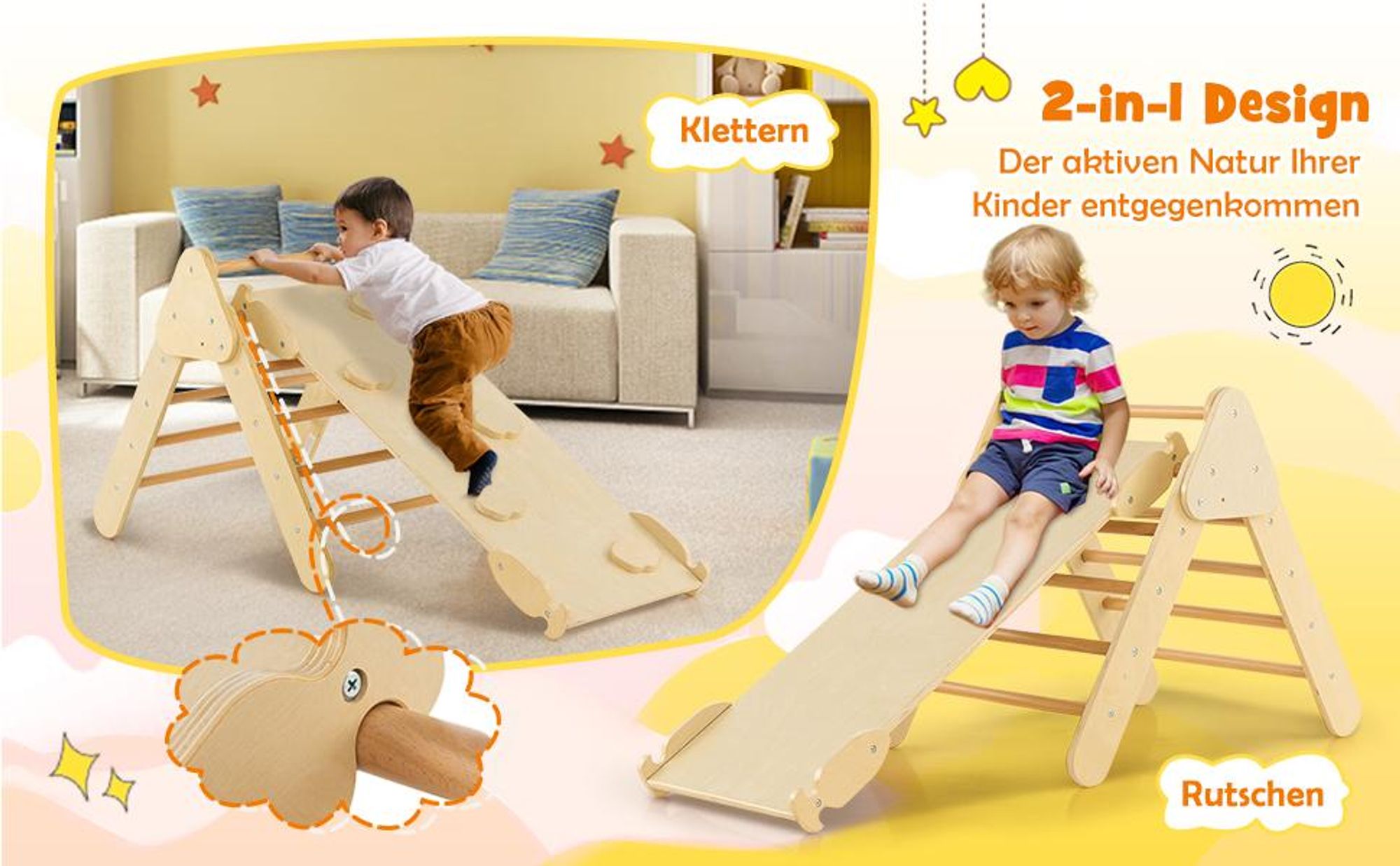 DREAMADE Klettergerüst mit Kletterbogen und Rutsche,Montessori Indoor Kletterdreieck ab 1 Jahre(Natur)