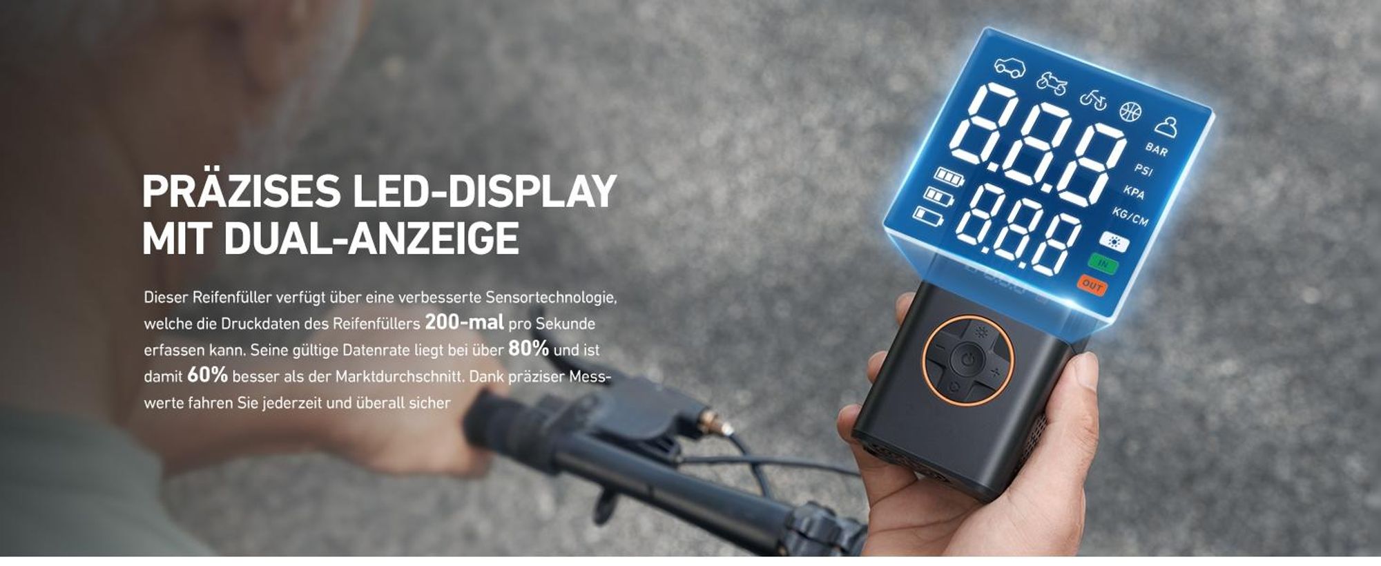 Elektrische Akku-Luftpumpe 150 PSI, 4000 mAh, Digitales Display, LED, Tragbar