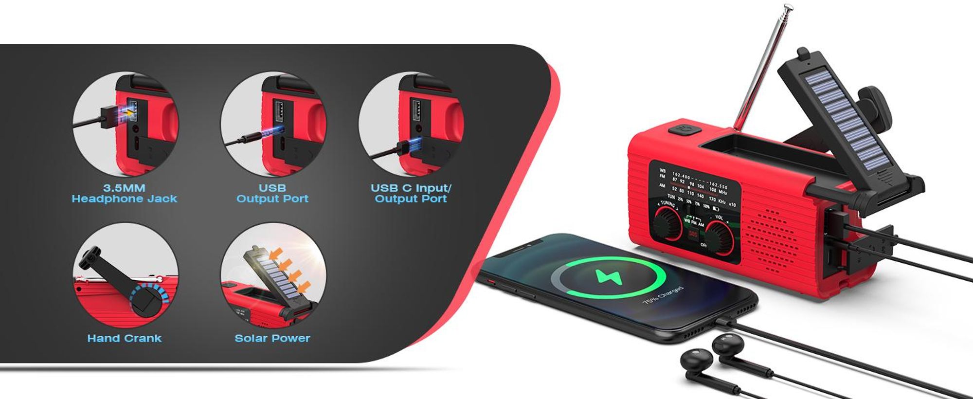 Solar Radio, Kurbelradio mit LED-Beleuchtung, AM/FM Radio mit 4000-mAh-Akku, USB-C, Powerbank-Funktion, Notfallradio, Alarmanlage, 3-Wege-Aufladung