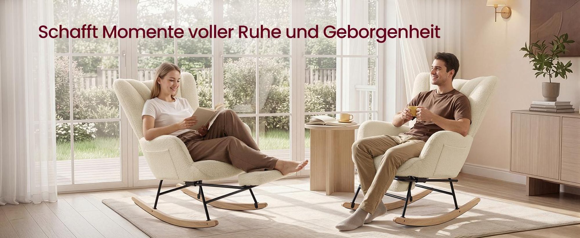 SONGMICS Schaukelstuhl mit ausziehbarer Fußstütze, Schaukelsessel, Holzbeine, Kissen, für Wohnzimmer, Fleece, creme