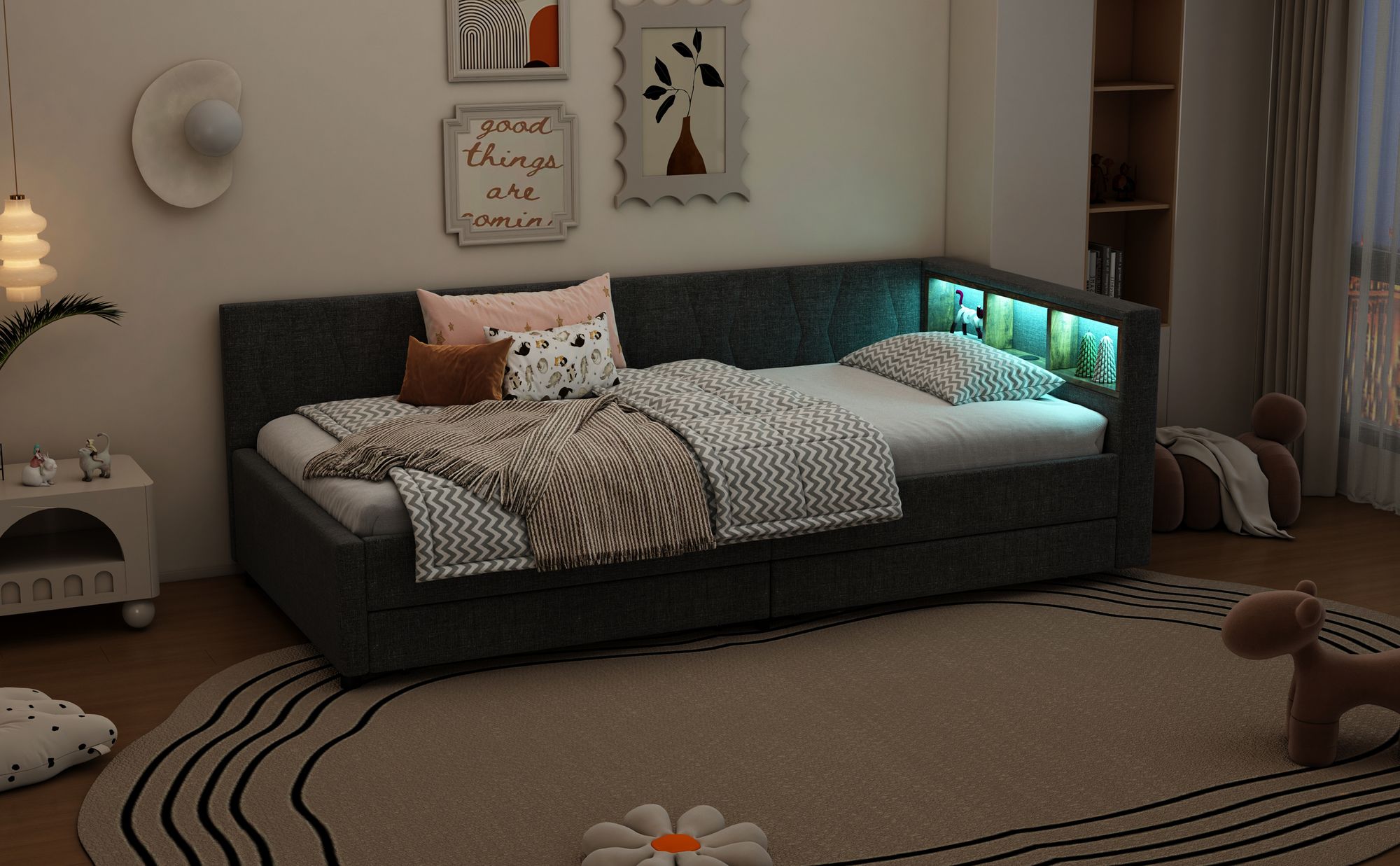 MODFU Schlafsofa Polsterbett 90x200 mit LED und USB&Typ C,Daybett Jugendbett mit zwei Schubladen und Lattenrost,Leinen, ohne Matrtze,Grau