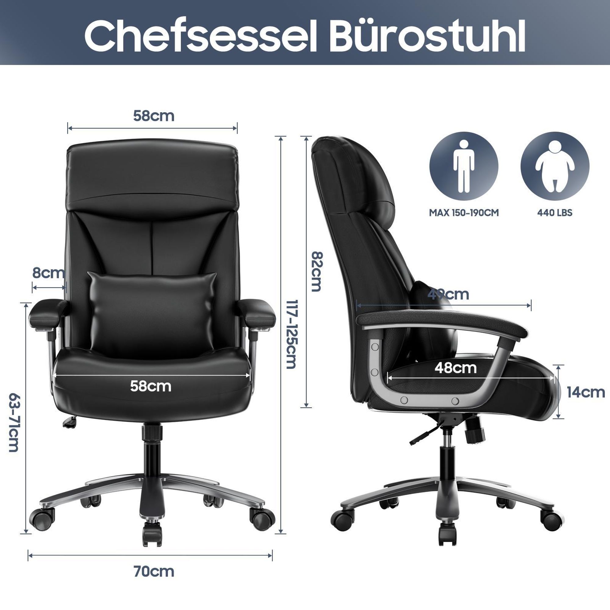 Chefsessel mit Maßangaben, maximale Belastung 200kg, passend für Körpergröße 150-190cm