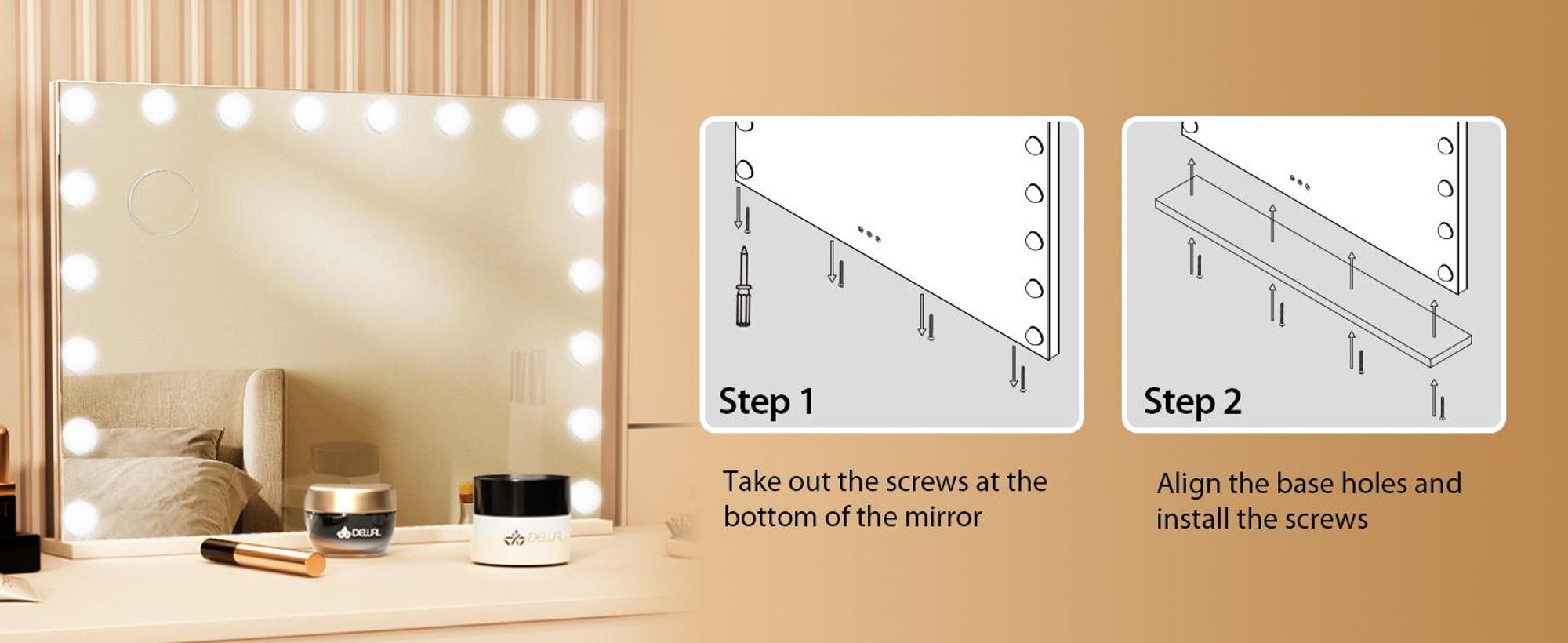 Puluomis toaletní zrcadlo Hollywood 18 LED 80x60cm 3 barvy světla Stmívatelné kosmetické zrcadlo Zrcadlo s osvětlením, 10x nastavitelné rozměry, nástěnné zrcadlo bílé barvy