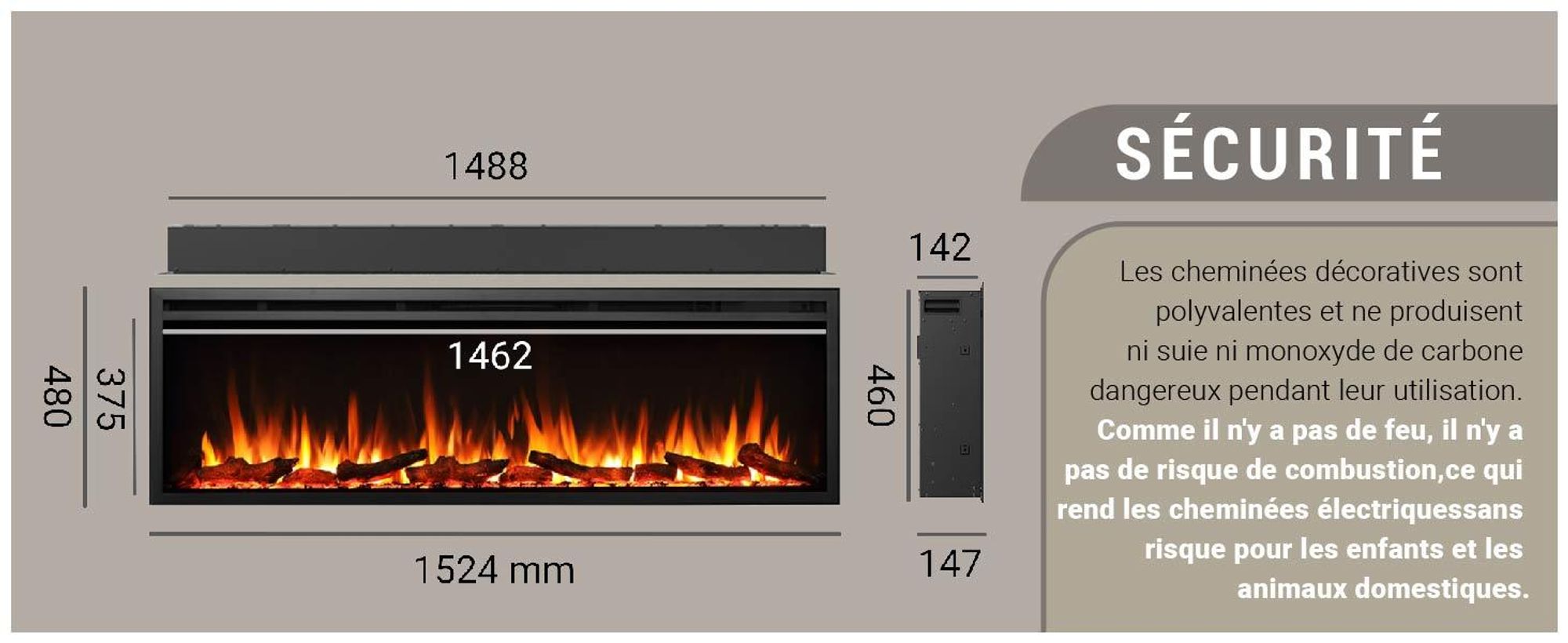 Cheminée électrique encastrable BALDERIA Atalanta 60 – Puissance de chauffage jusqu'à 1 500 W, noire
