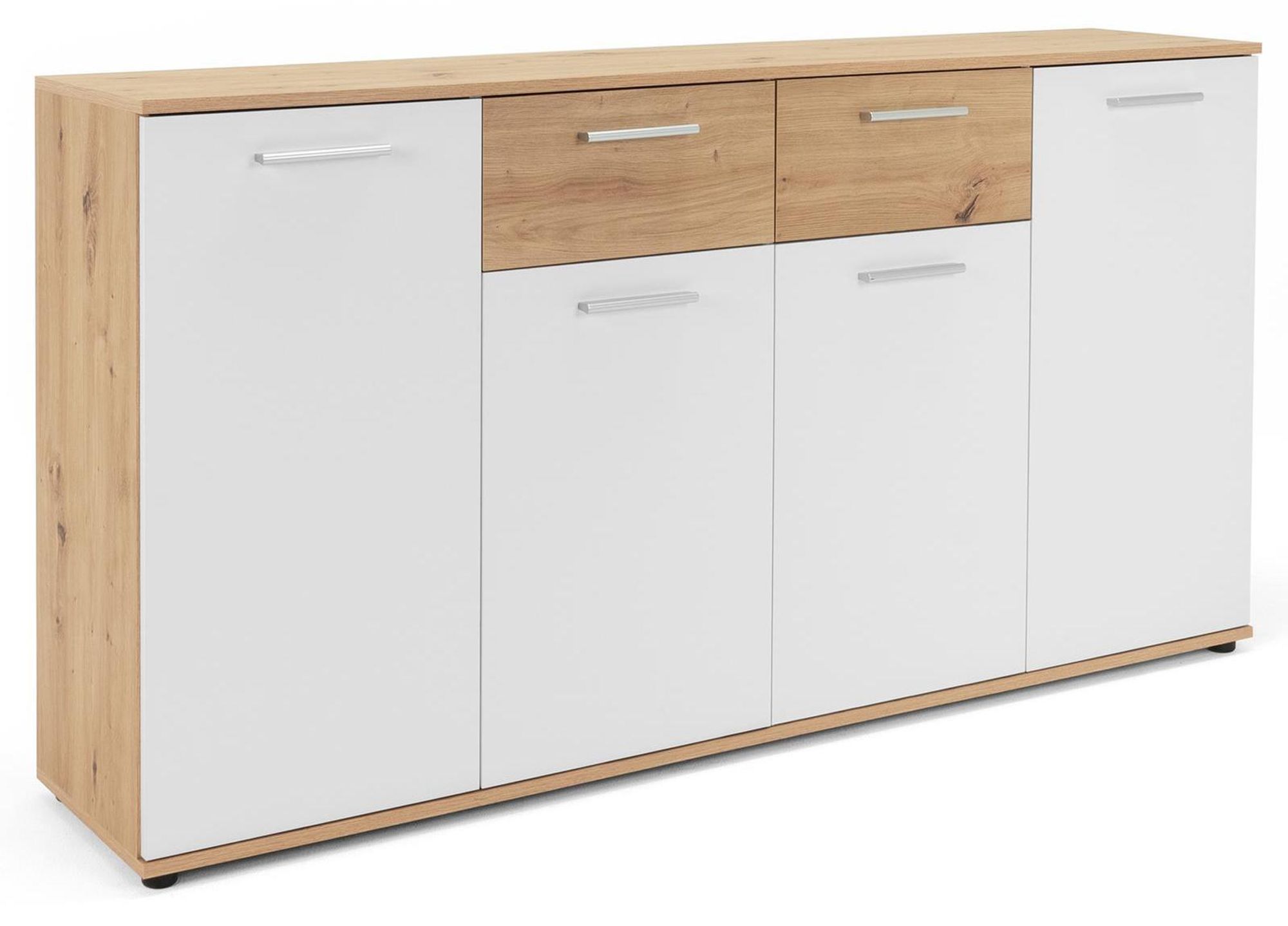 Sideboard >Jacklin< in Artisan Eiche Weiß – Modernes Stauraummöbel mit 4 Türen und 2 Schubkästen