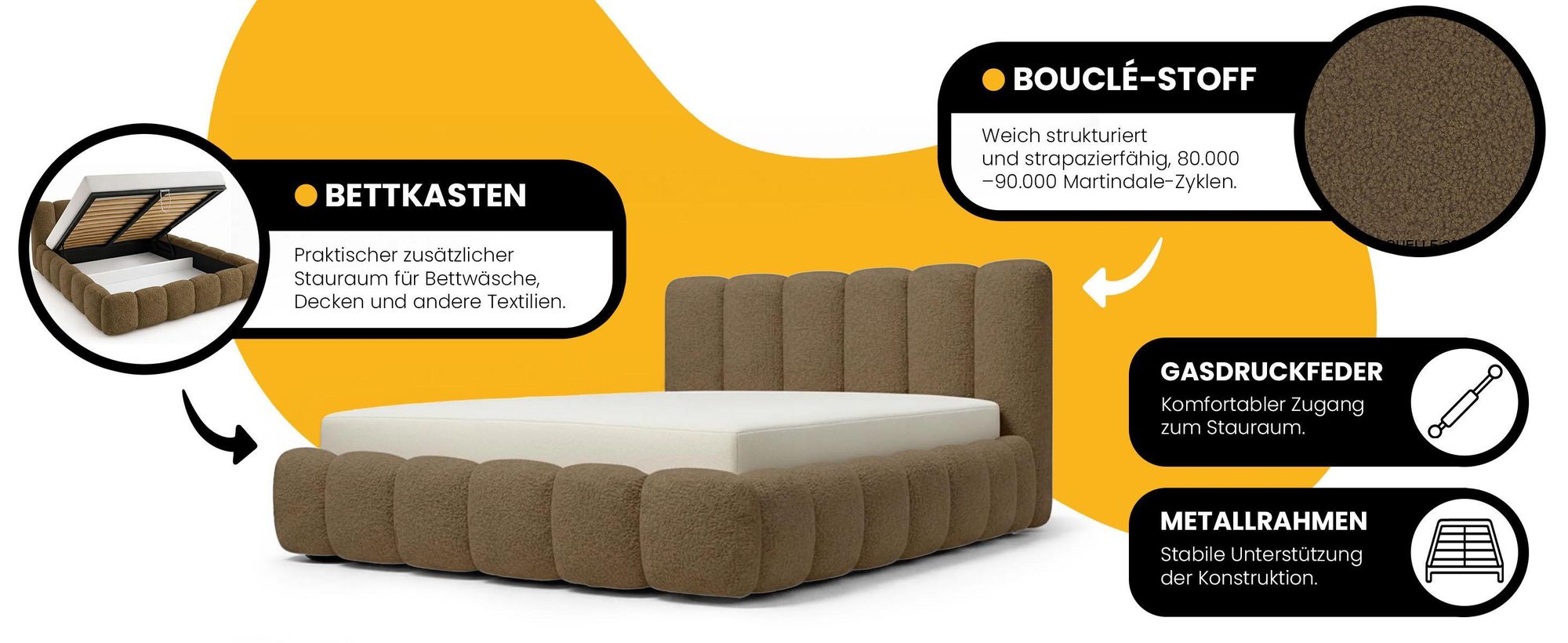 Polsterbett 160x200 cm - Bouclé Stoff - Braun - mit Bettkasten und Stauraum - Quelle 22