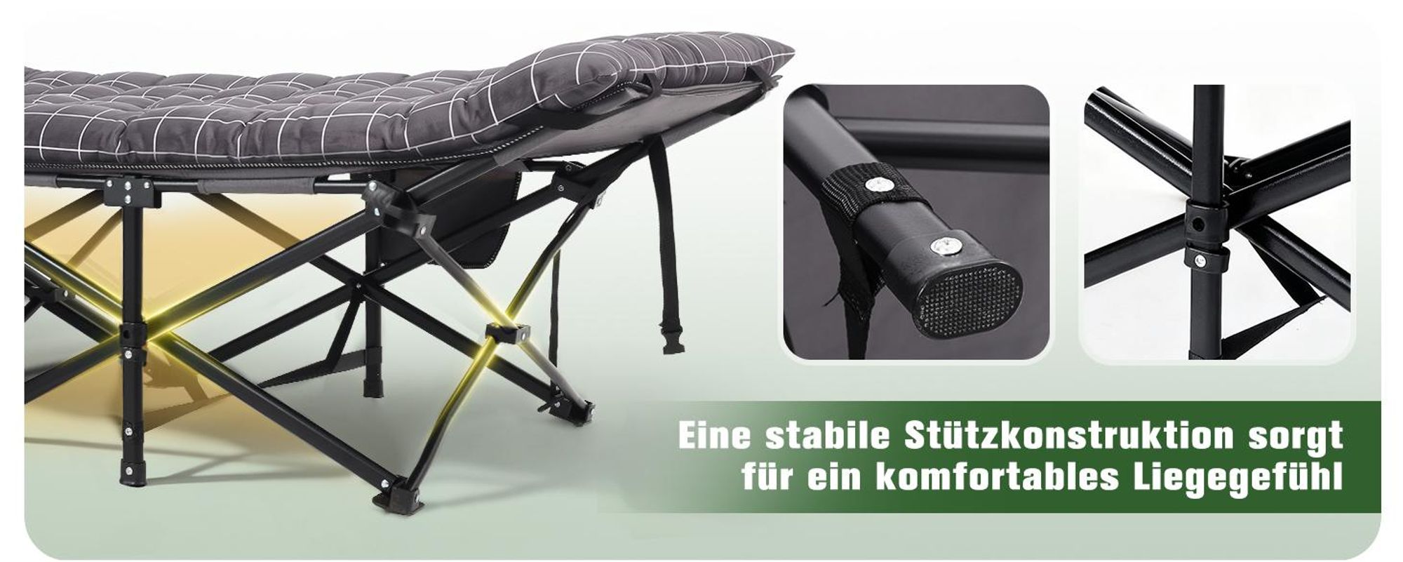 Sekey Tragbares Feldbett mit Matratze, Feldbett Klappbett Tragfähigkeit 200KG Campingbett für Indoor, Outdoor, Camping und Reisen, Grau-Kariert