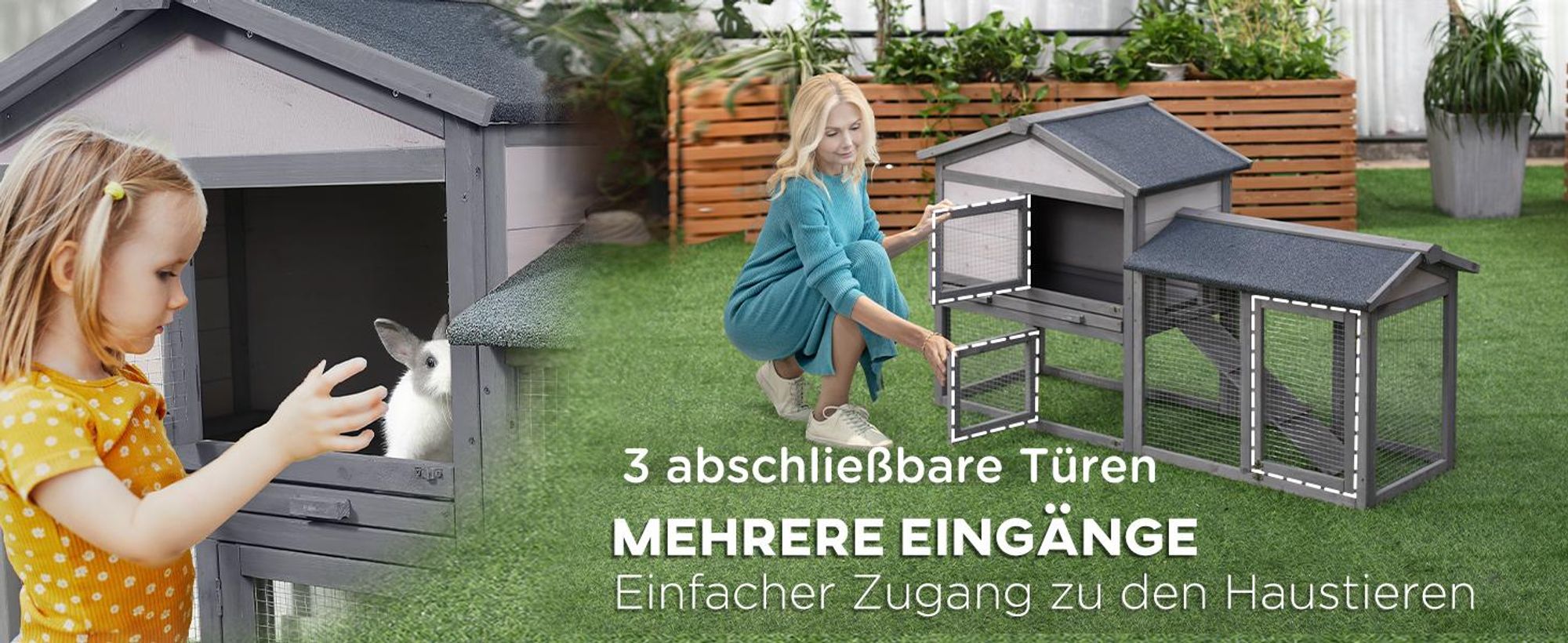 PawHut Kleintierstall mit Freilauf Kleintierkäfig für draußen Tannenholz Grau