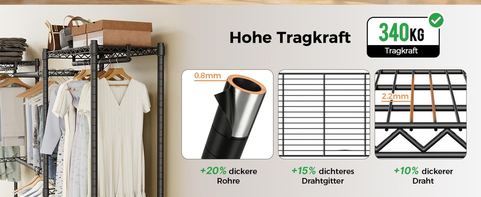 Mondeer Kleiderständer mit Teleskopstangen , 6 Ablagen, 4 Kleiderstangen, bis 70 kg pro Ebene, 40 x (183–234,5 cm) x 180cm Schwarz