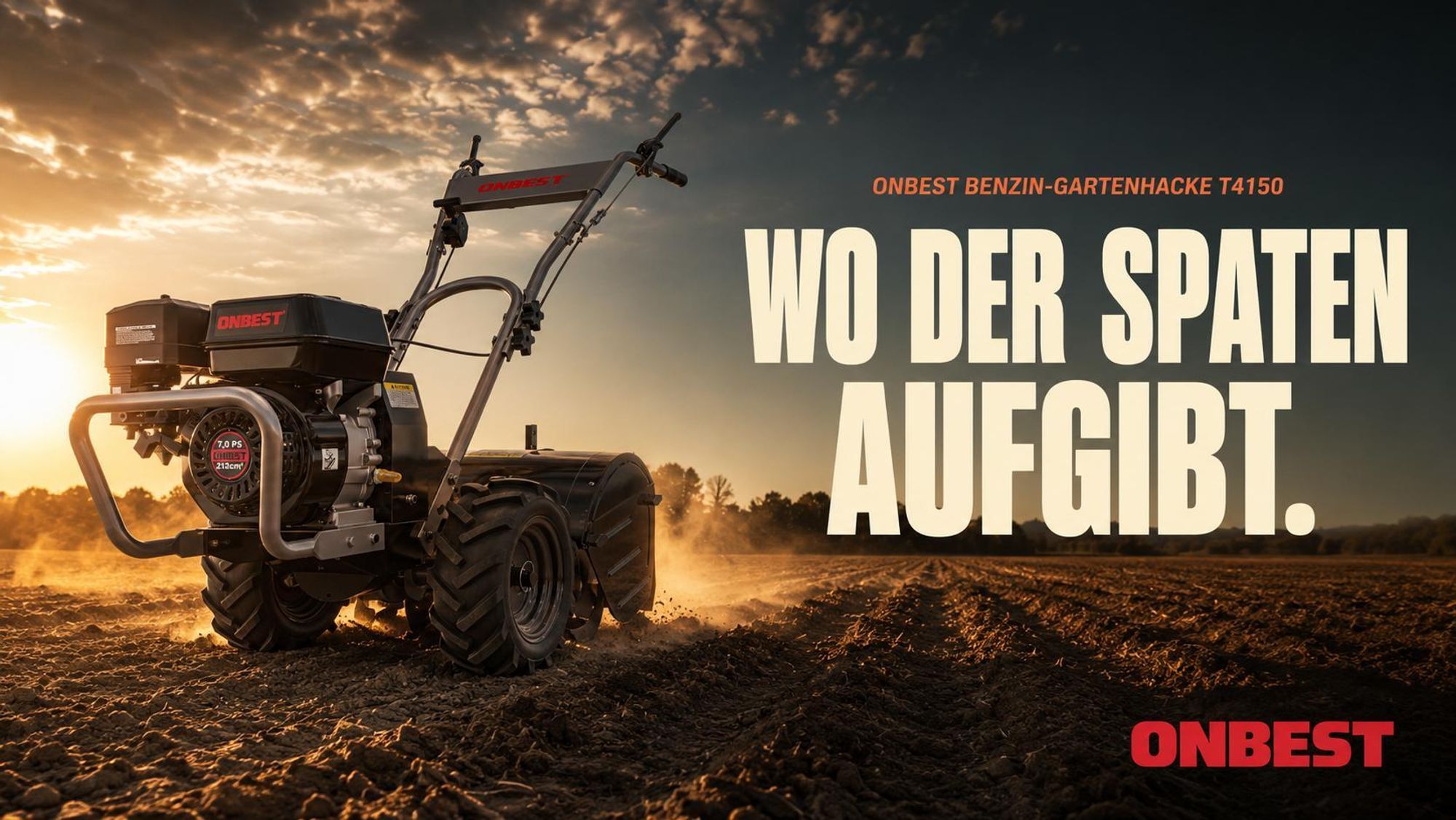 ONBEST Gartenfräse Benzin T4150  | 53 cm Arbeitsbreite | 5,6 PS | 35 cm Arbeitstiefe | 12 Hackmesser