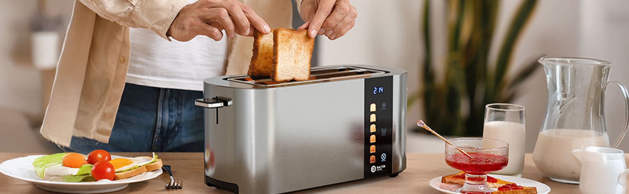 Balter Toaster 4 Scheiben, Edelstahl, Langschlitztoaster mit Brötchenaufsatz, 1400W, LCD Display, Defrost-/Aufwärmfunktion, Krümelschublade, Silber