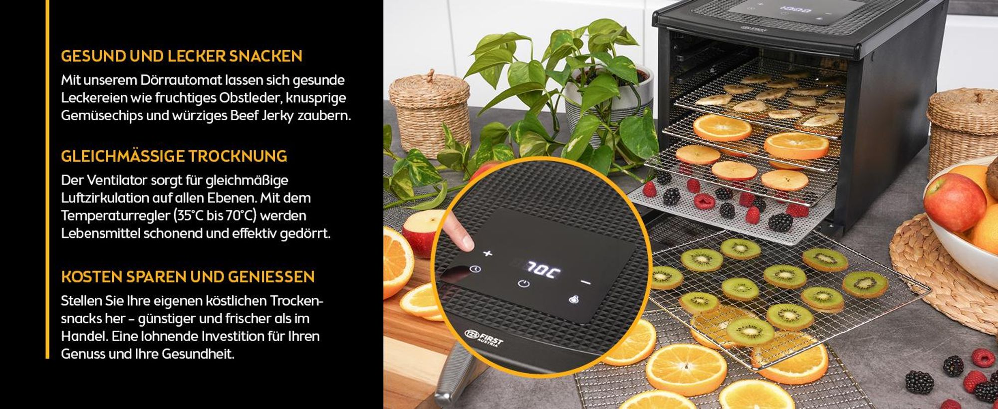 TZS First Austria Dörrautomat, Dörrgerät, 500W, 24h Timer, Temperaturregler 35-70°C, 6 Edelstahl Dörrtabletts, Obst, Gemüse, Dörrapparat, digitales Display