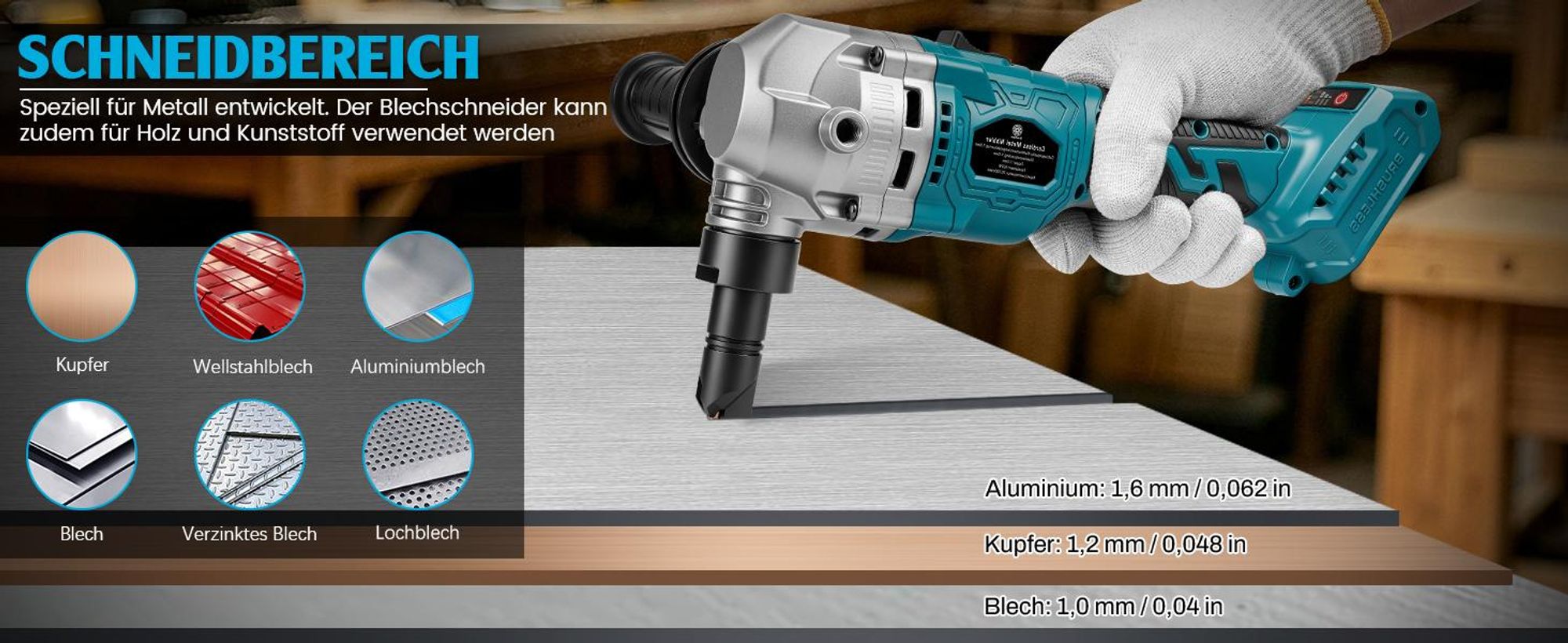 Knabber Blechknabber mit 2×4Ah Akku, 3 Stufige Bürstenlose Nibbler Akku Blechschneider mit 360° Drehbarer Knabberkop 1900SPM Blechnibbler Blechschere
