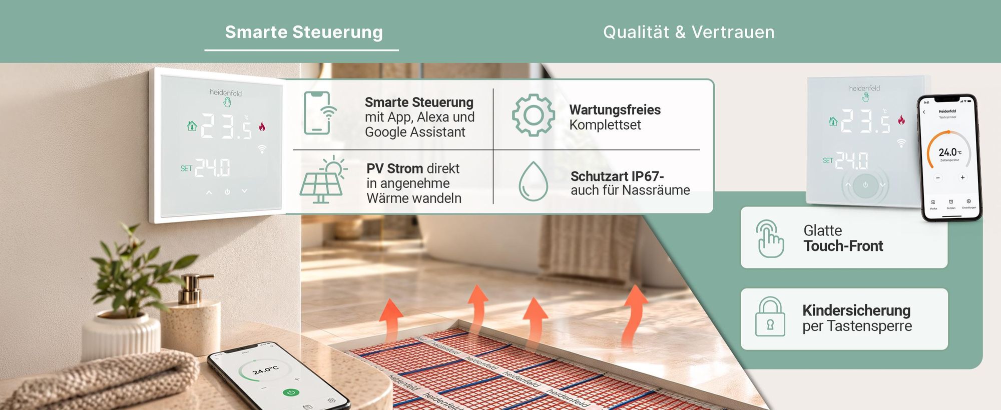 Heidenfeld Elektrische Fußbodenheizung FH200 | Komplettset WLAN Thermostat - 200 W/m² - Elektroheizung - Bodenheizung - Flächenheizung - 7 m²